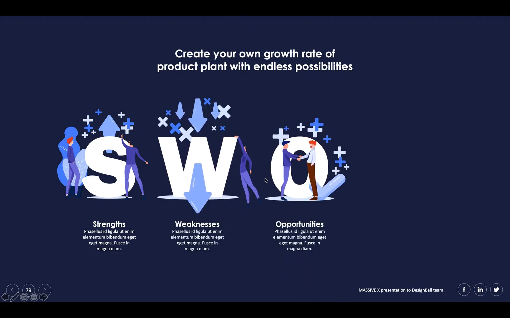 SWOT analysis slide with animated letters in Massive X template