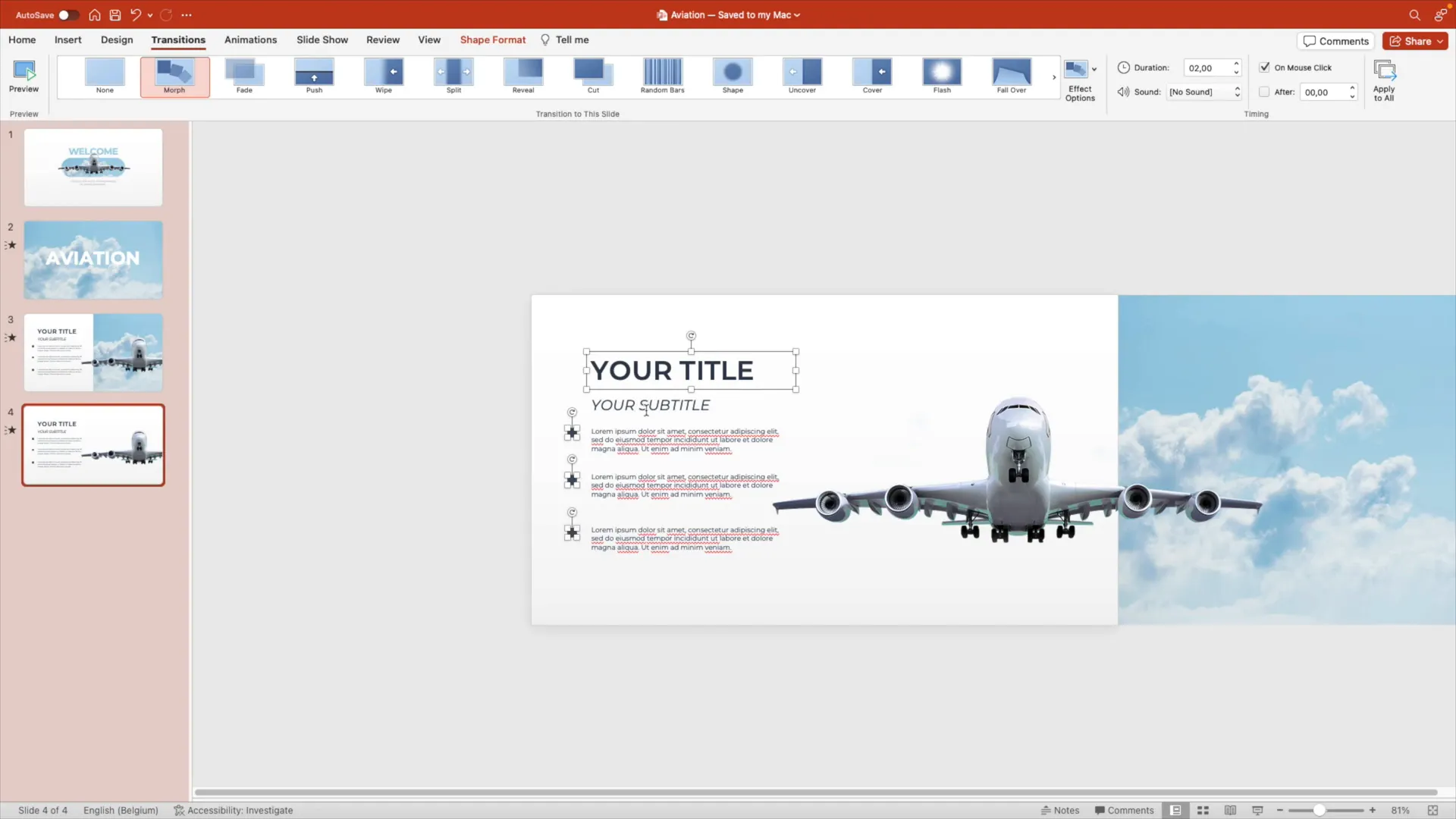 Preview of morph transition animating text and shapes