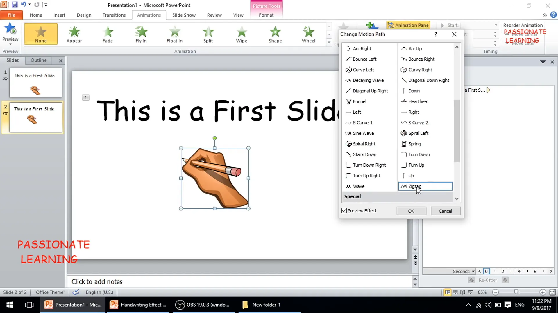 Applying zigzag motion path to hand image