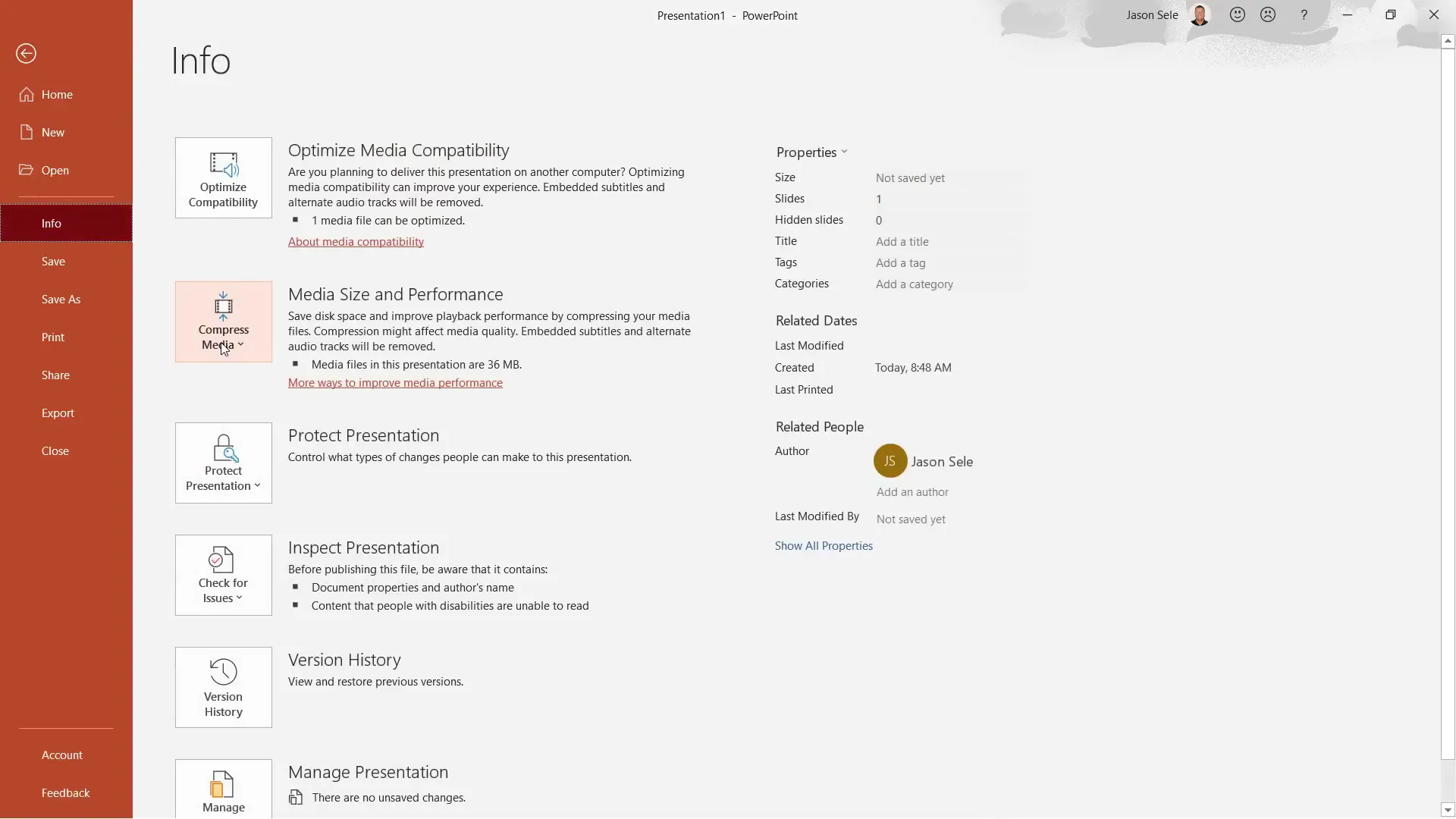 Compress media option in PowerPoint to reduce video size