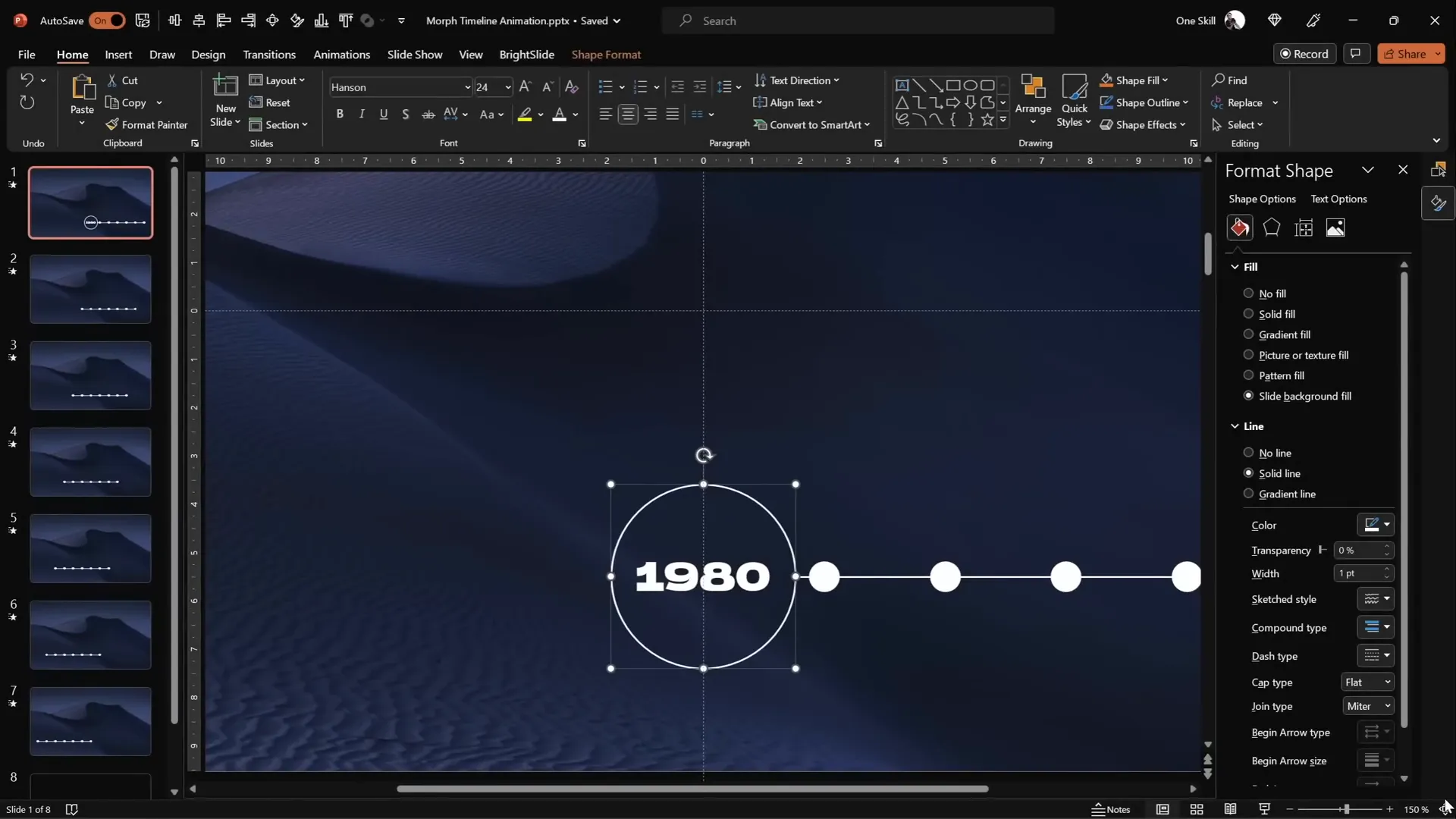 Enlarged circle with visible year text highlighting the current timeline point
