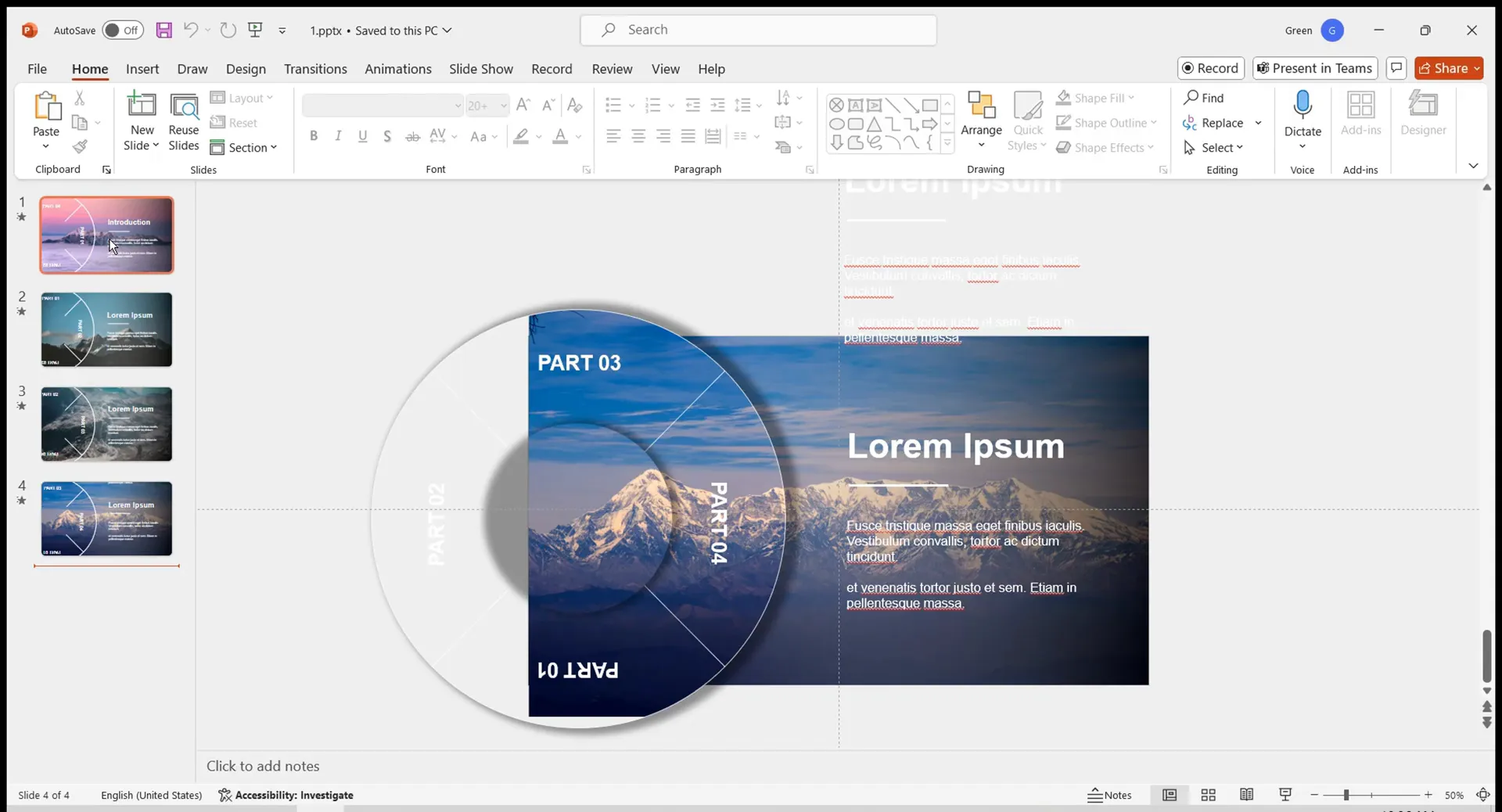 Rotating flowchart and circle in opposite directions on second slide