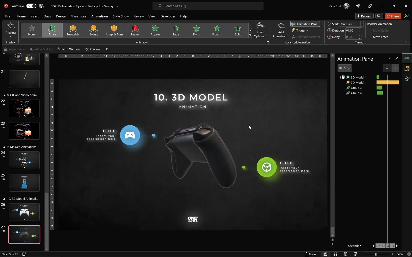 Animating 3D model with arrive and turntable animations