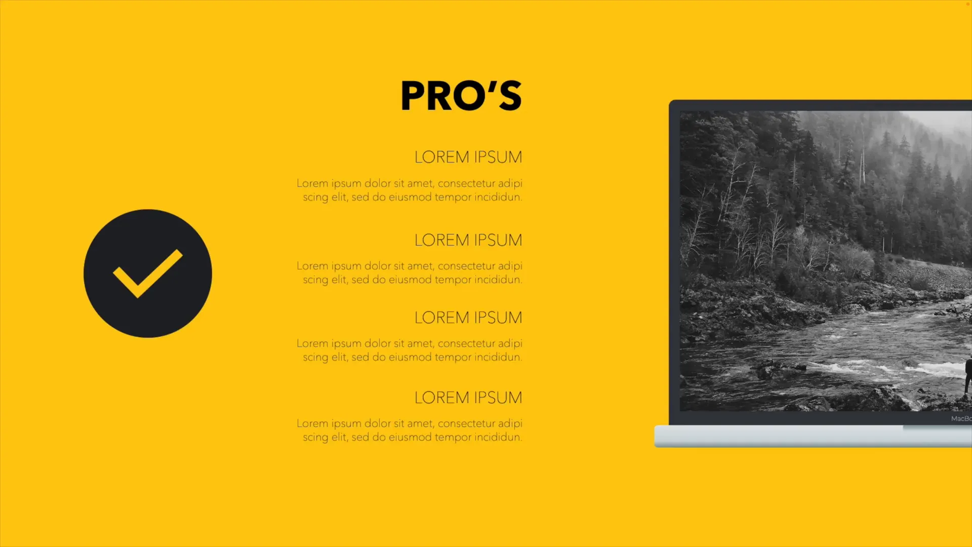 Laptop mockup with pros text and check mark