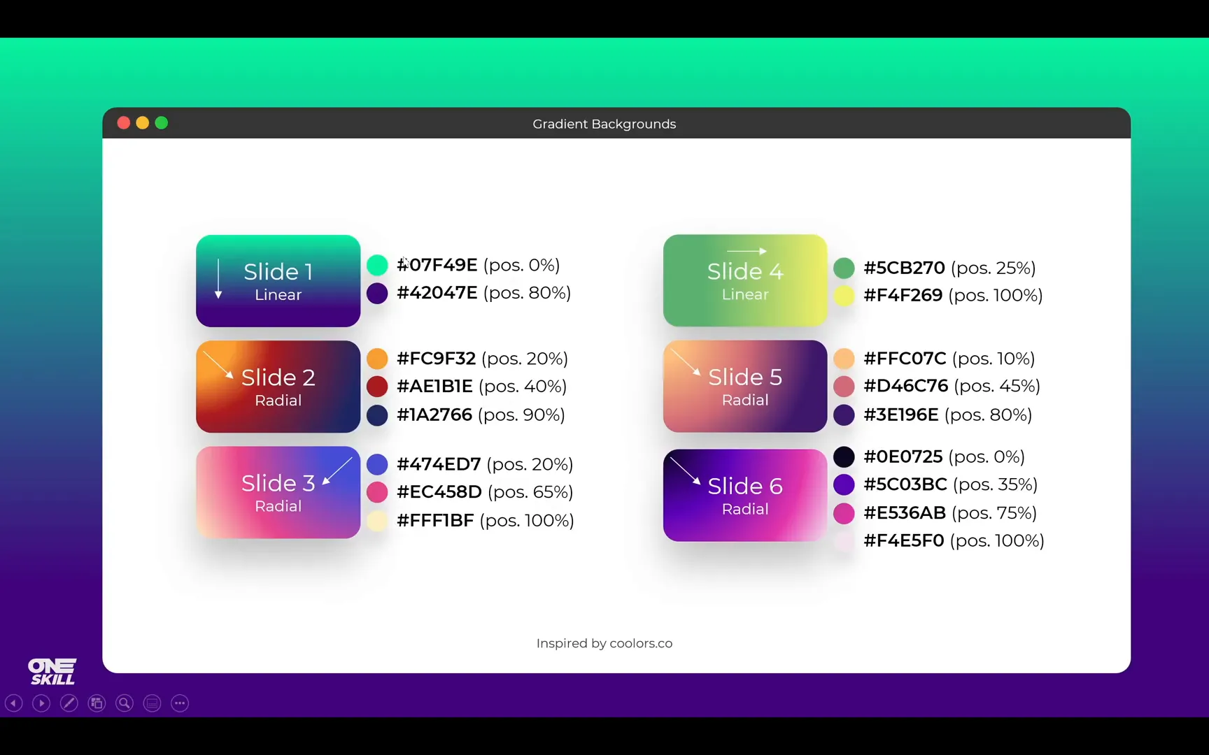 Hex codes and gradient background color stops in brand book