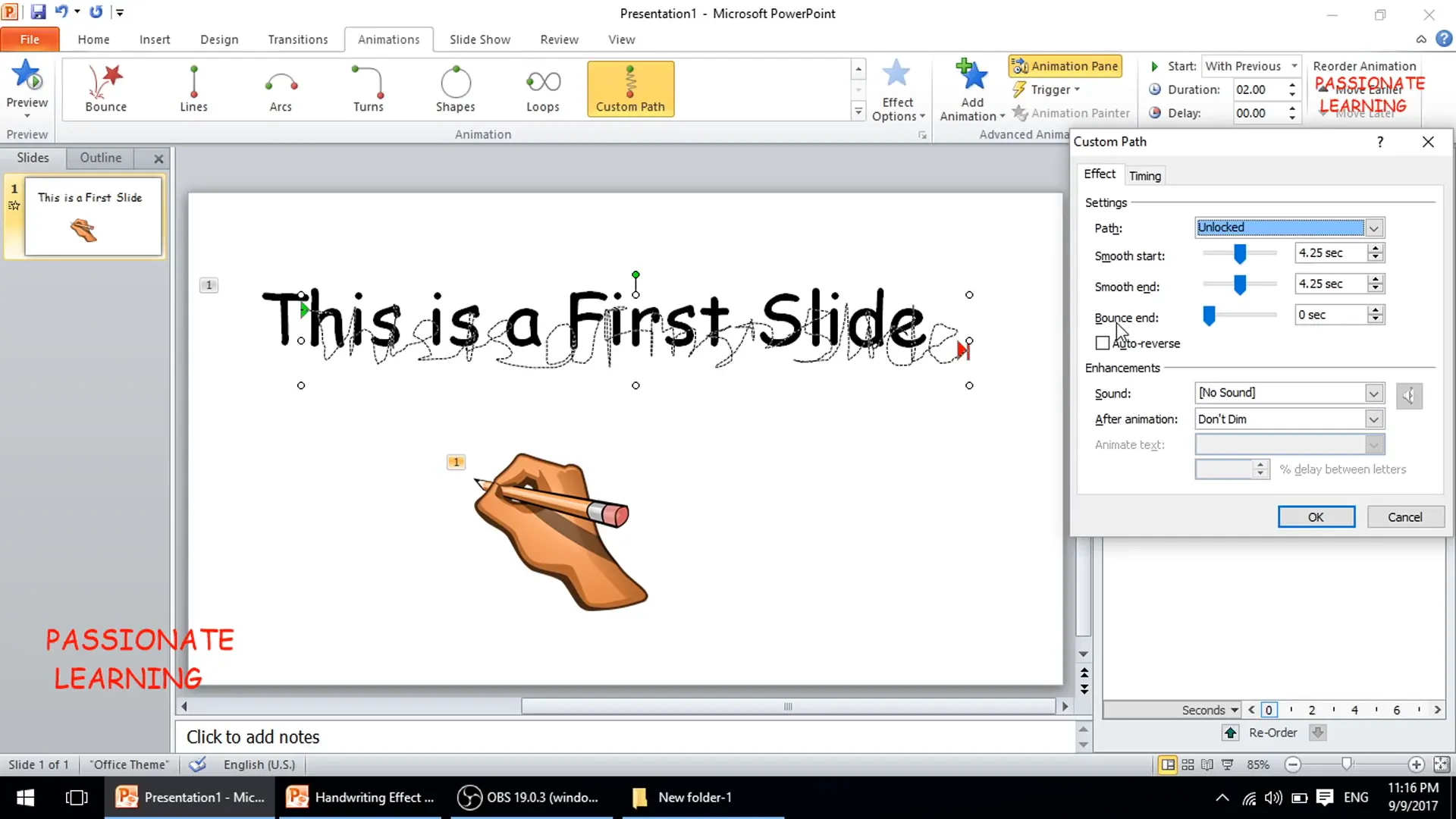 Adjusting timing settings for text and hand animations