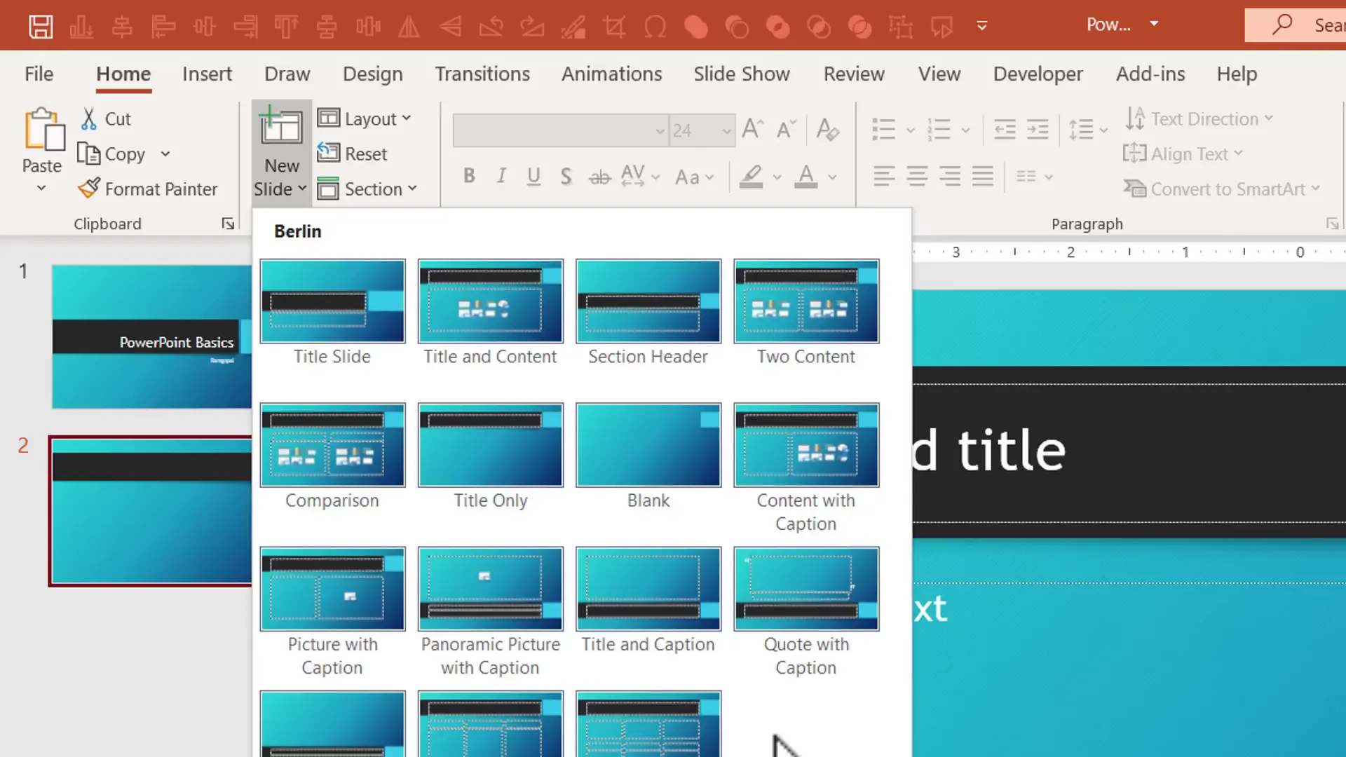 New Slide dropdown menu showing slide layout options