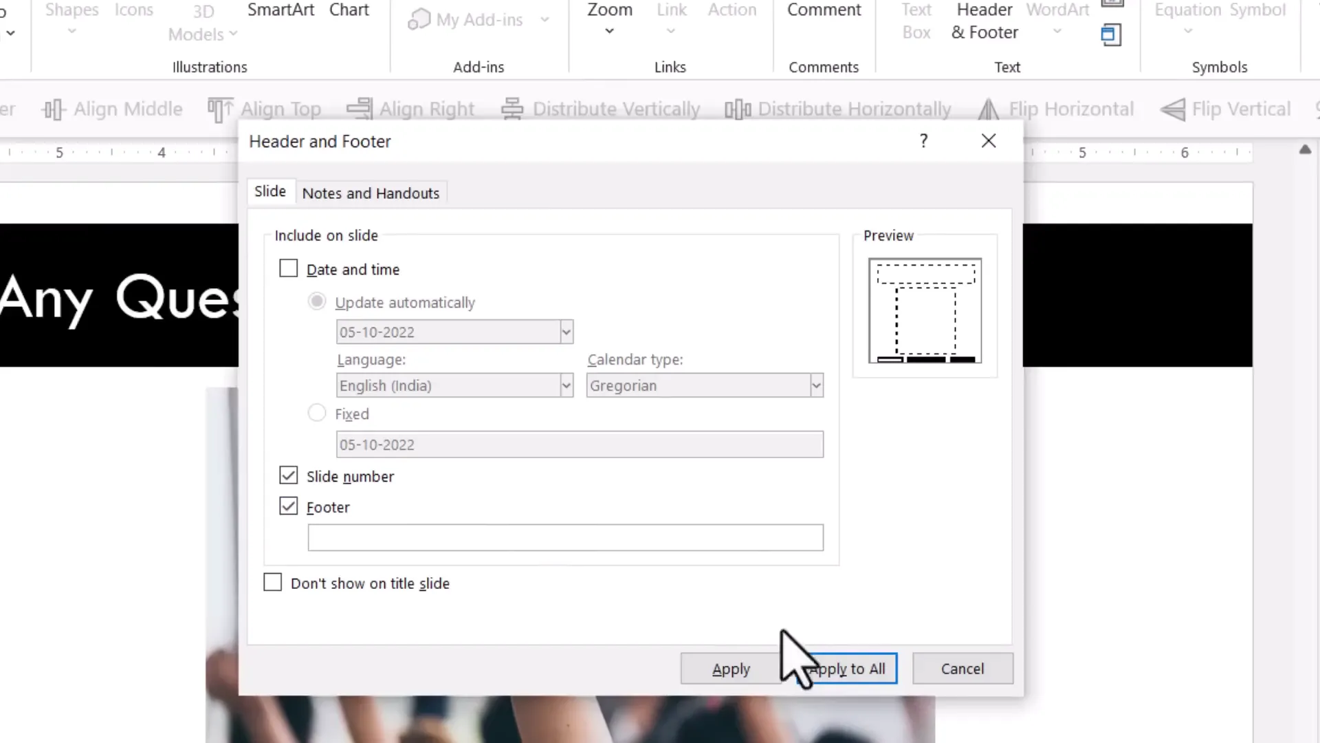 Adding footer text in slide number dialog box