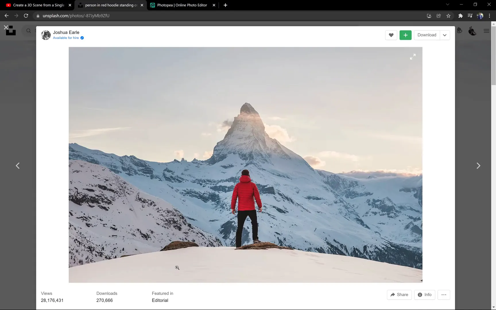 Snowy mountains photo with person in foreground and mountains in background