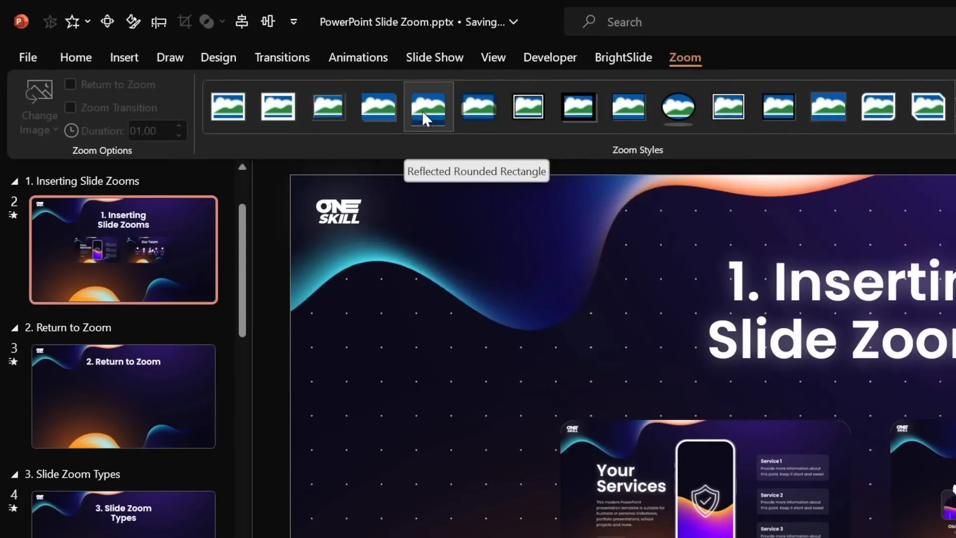 Applying rounded corners and reflections to slide zooms
