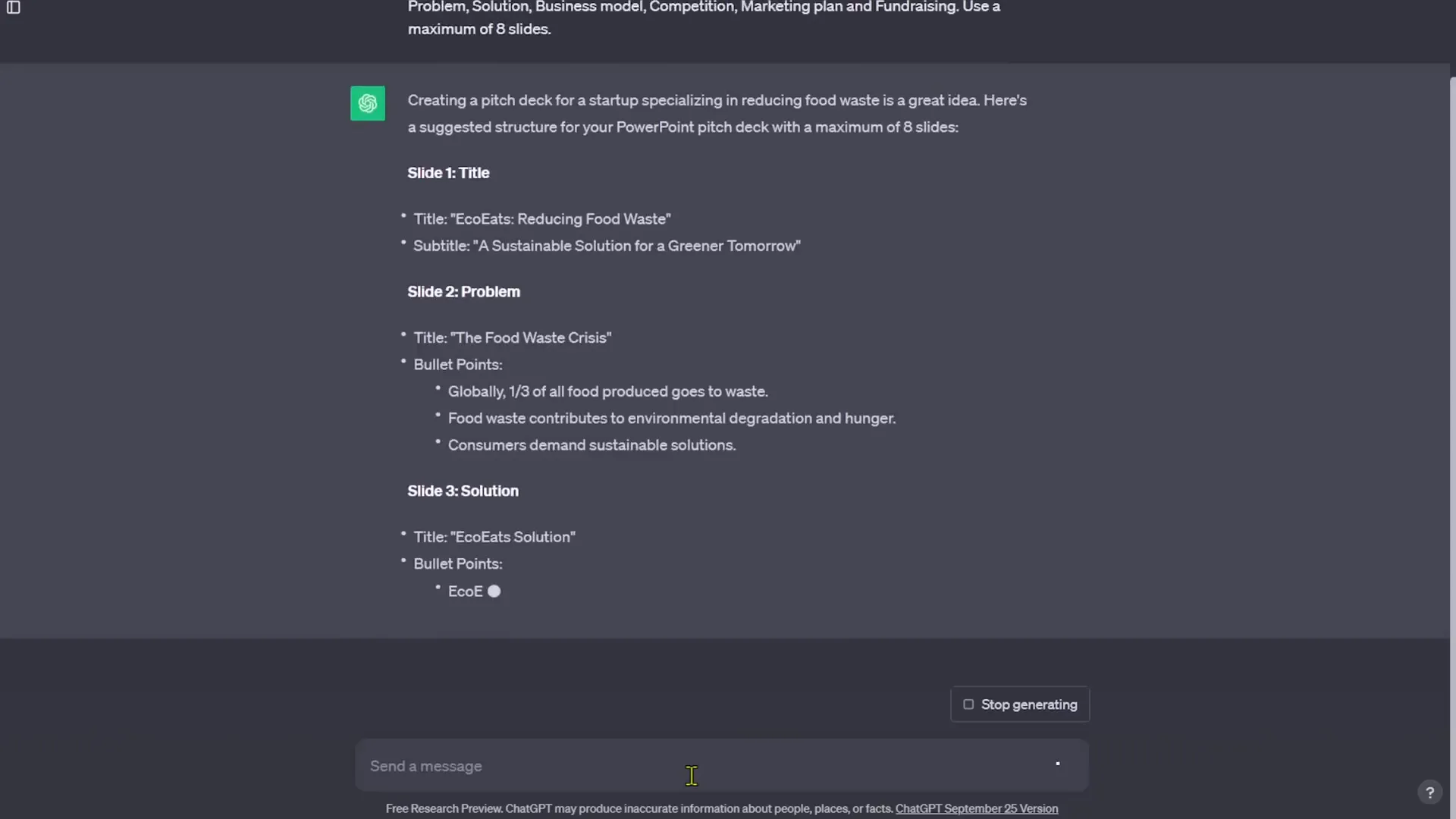 ChatGPT generated pitch deck outline for startup