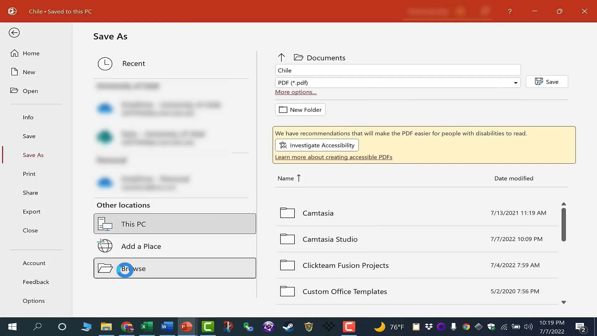 Saving presentation as PDF in PowerPoint