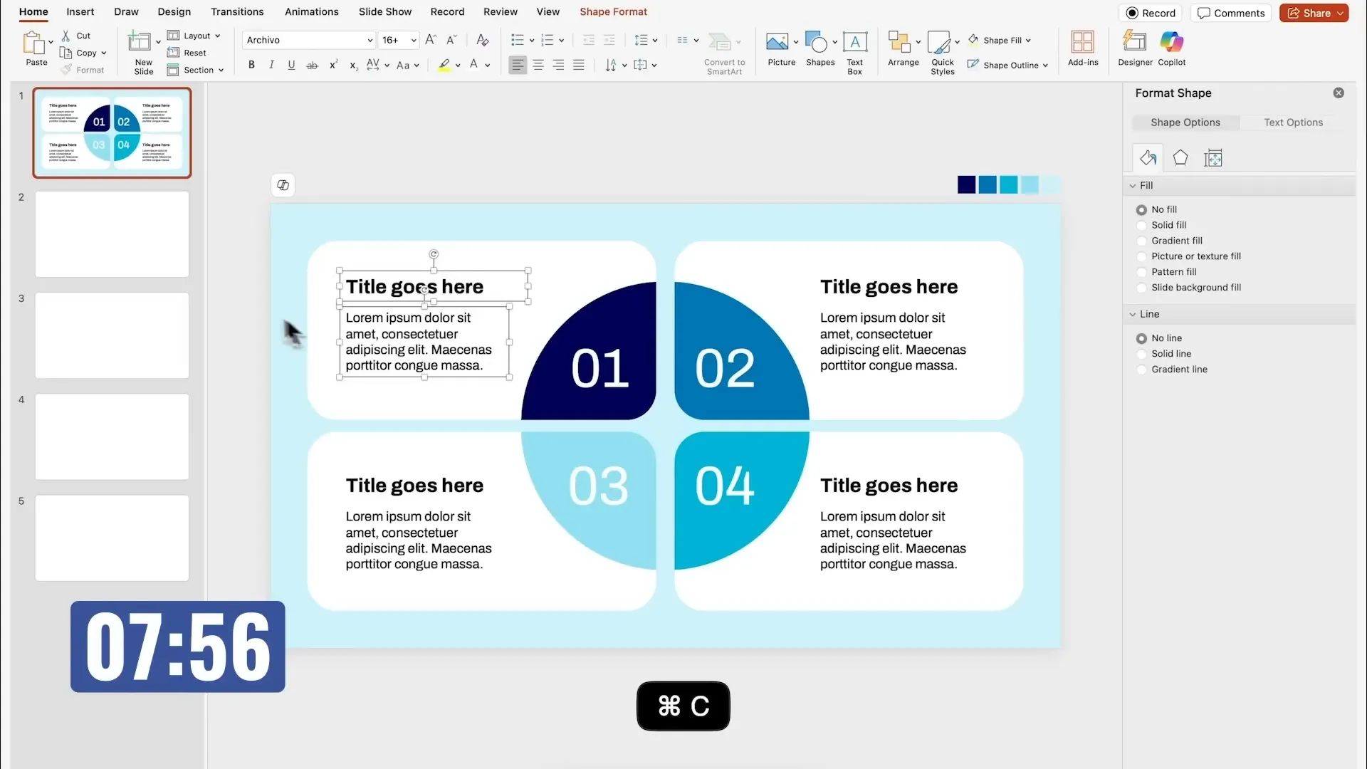 Finalizing the first slide with numbered circle slices and text boxes