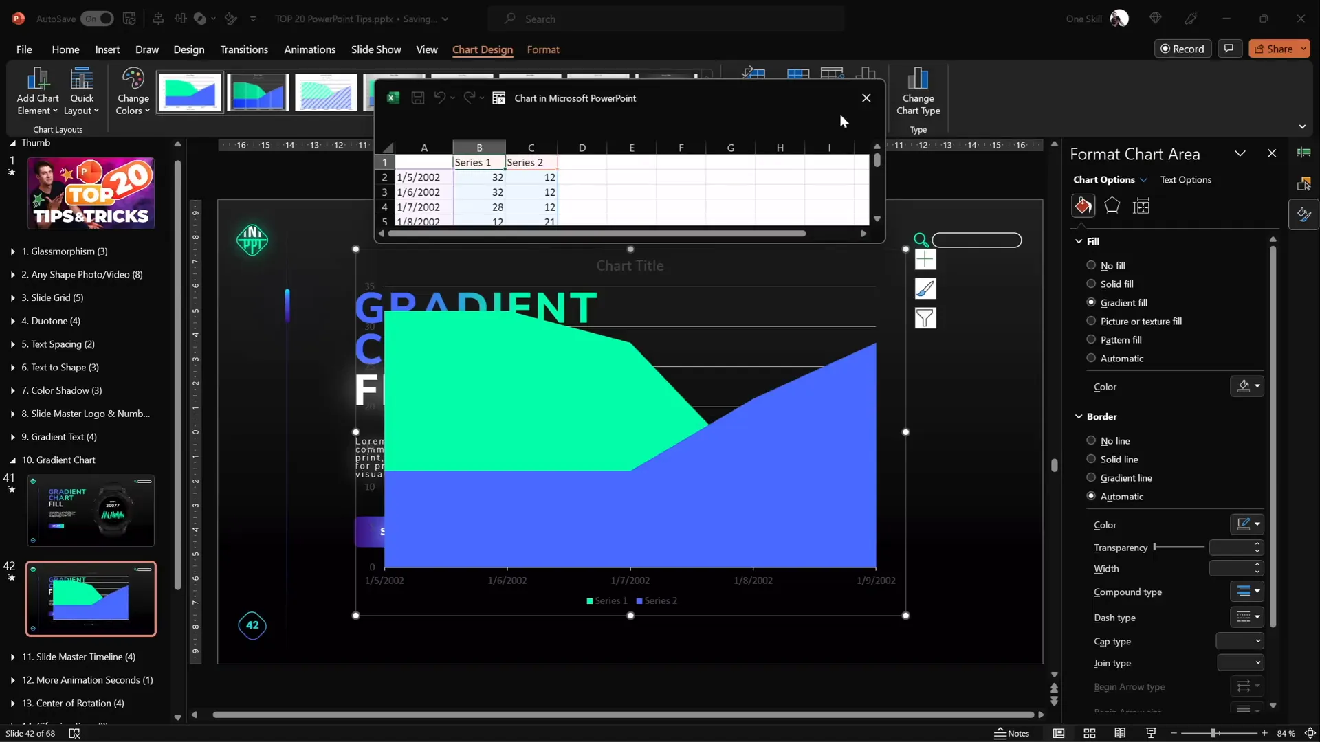 Inserting and cleaning up an area chart