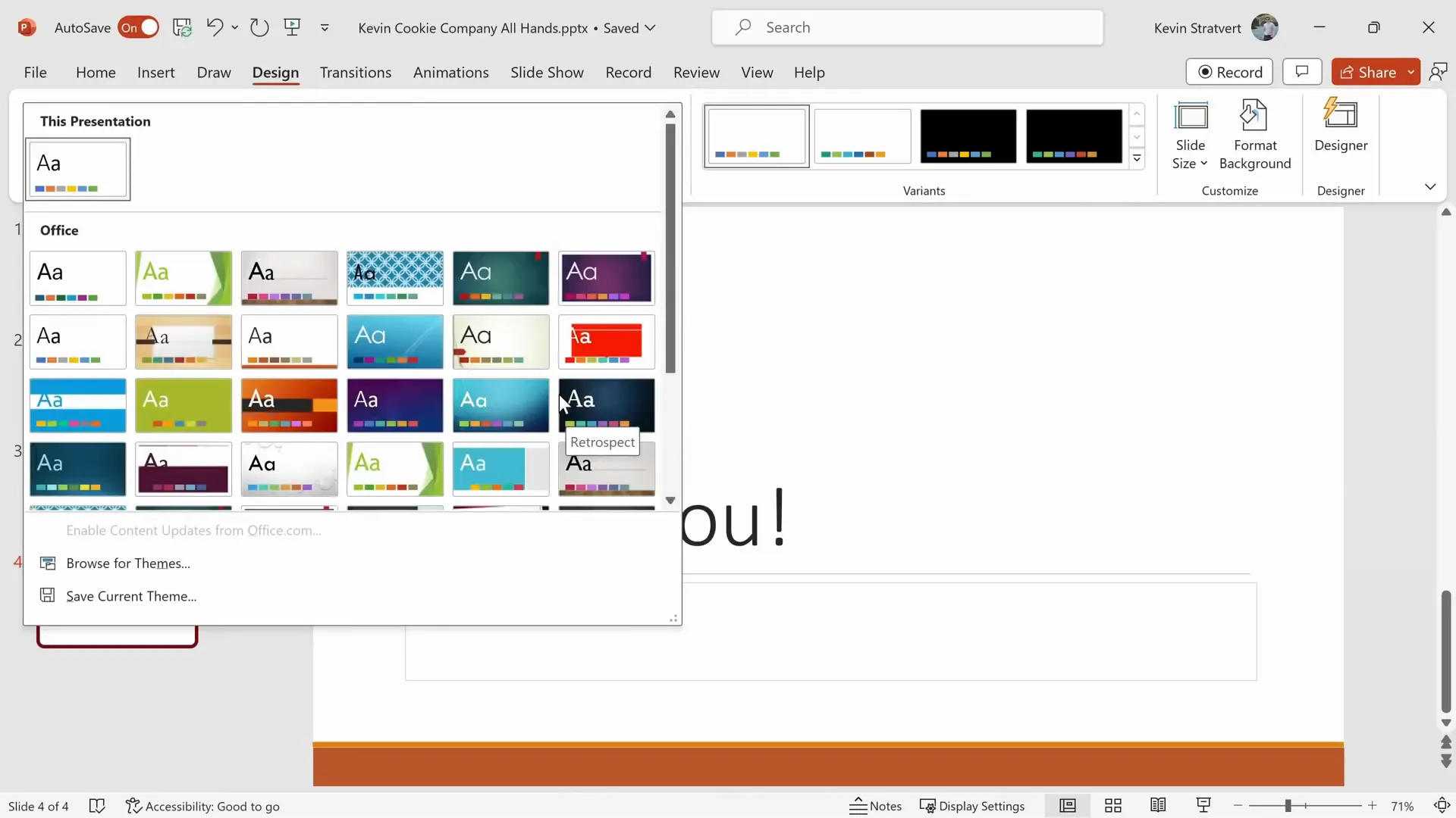 Selecting and previewing themes in PowerPoint design tab