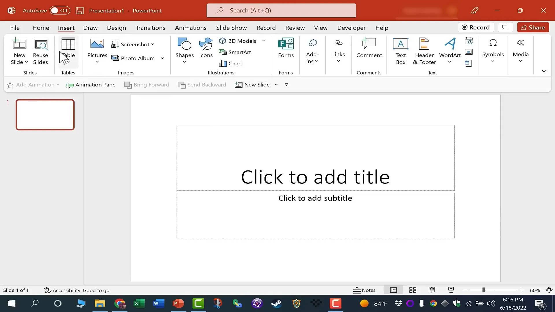 PowerPoint ribbon with tabs and groups