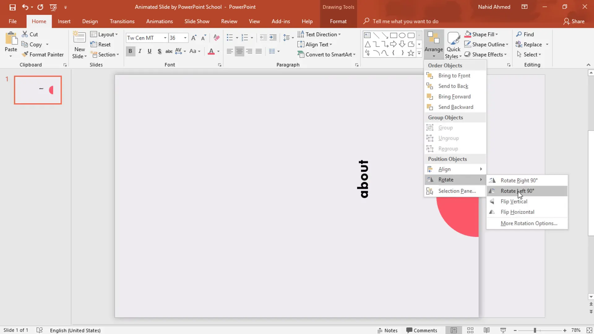 Adding and rotating vertical text over half-circle shape