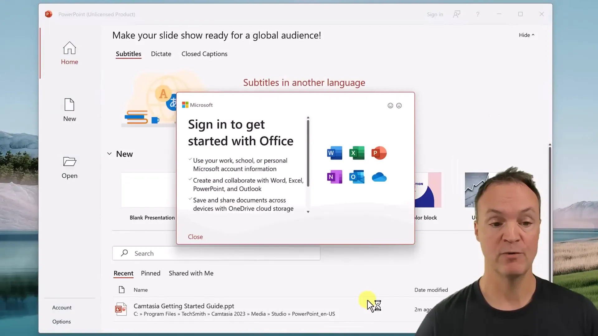 PowerPoint sign-in screen with account options