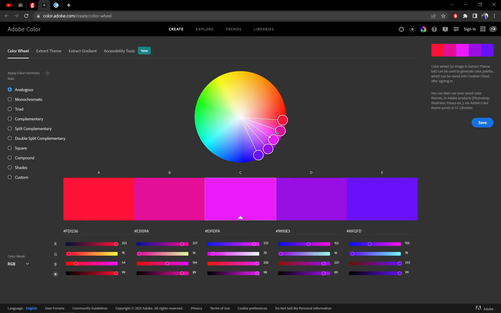 Exploring color harmonies on Adobe Color website