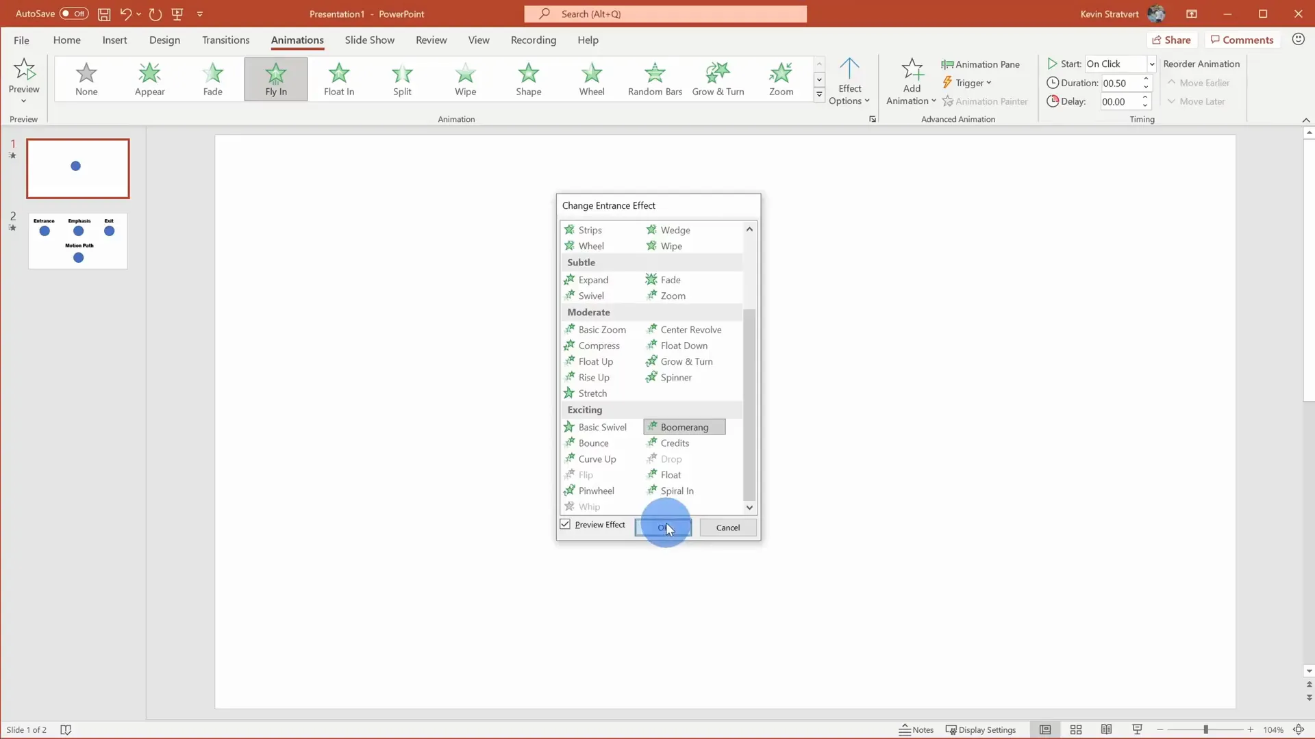 Selecting Boomerang entrance animation from more effects in PowerPoint