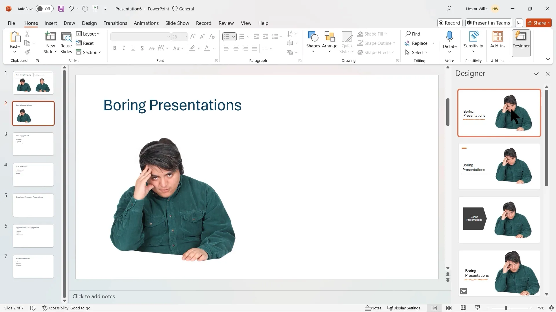 Slide showing ‘Boring Presentations’ with visual focus