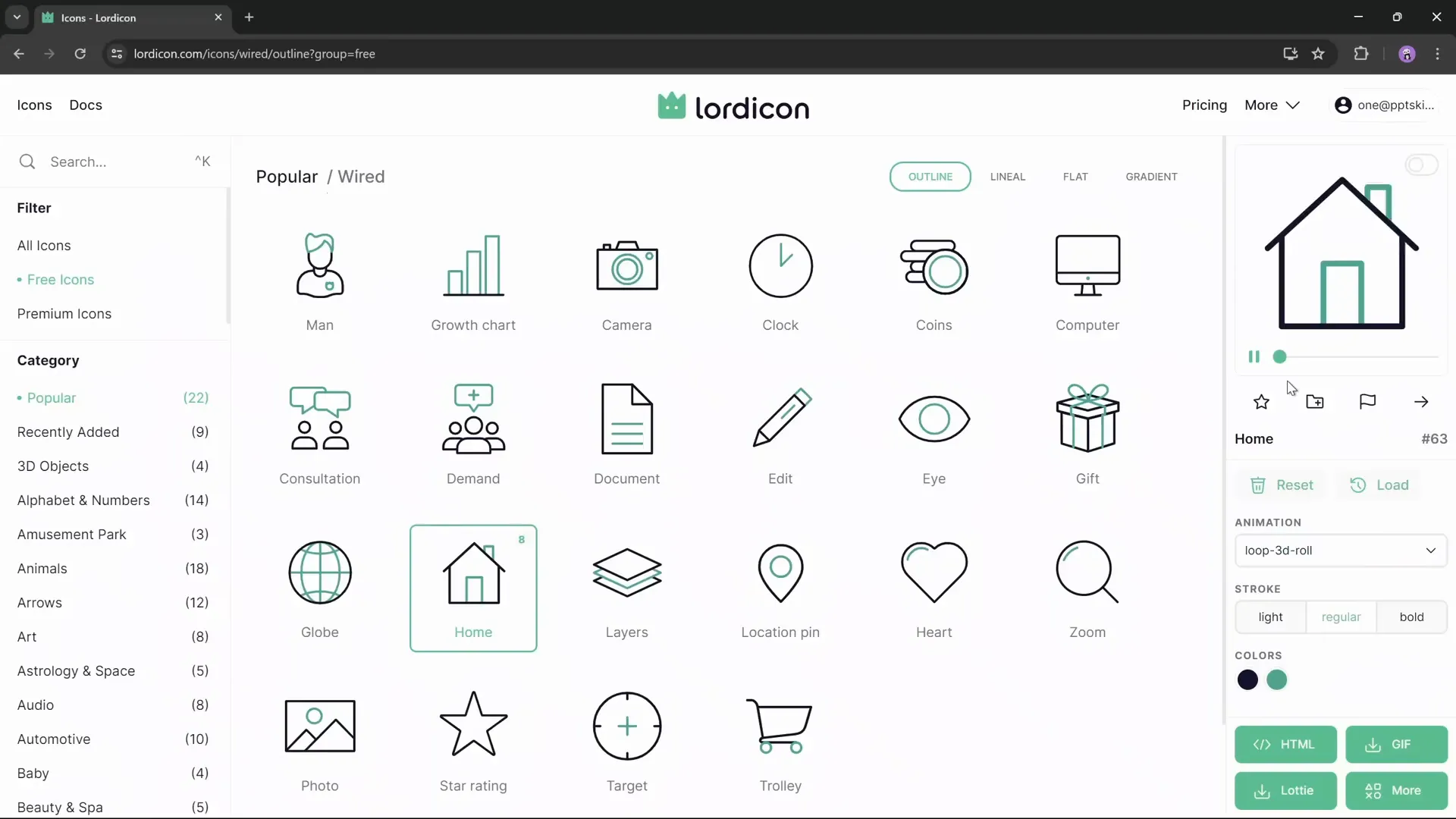 Choosing and customizing animated icons on Lordicon.com