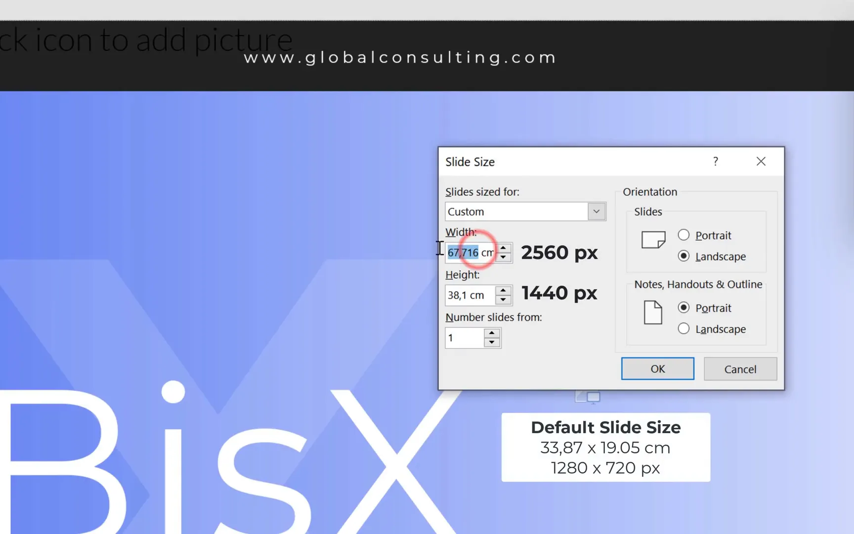 Slide size settings showing 1440p resolution