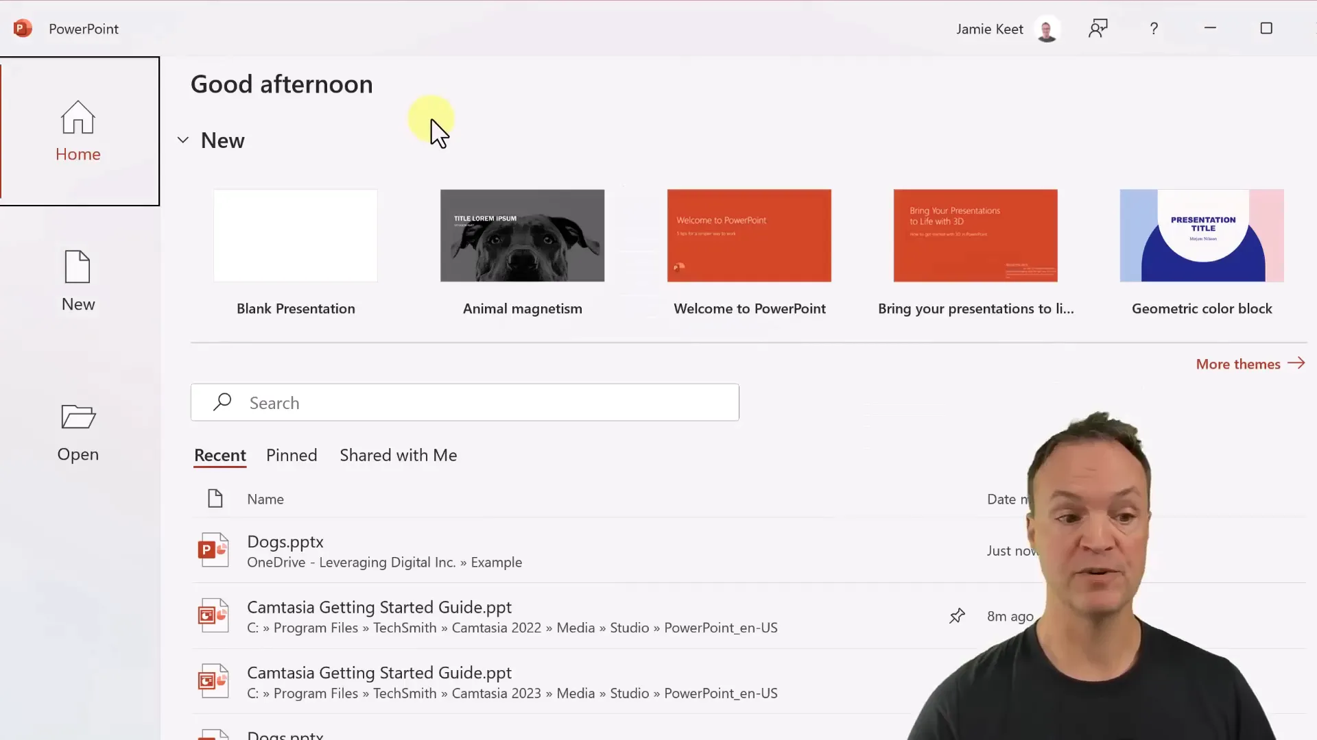 PowerPoint home, new, and open views
