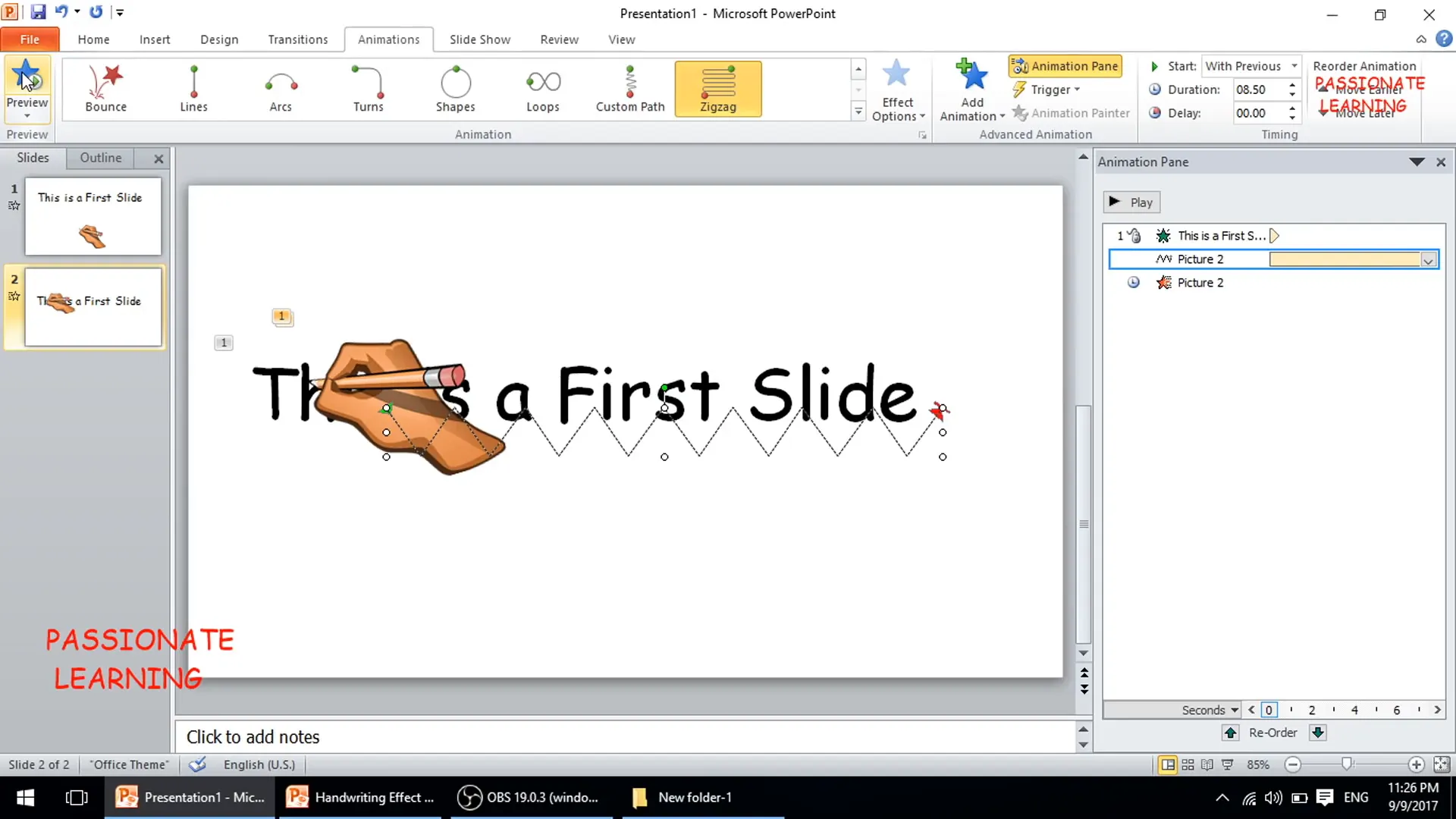 Previewing handwriting animation with zigzag motion path