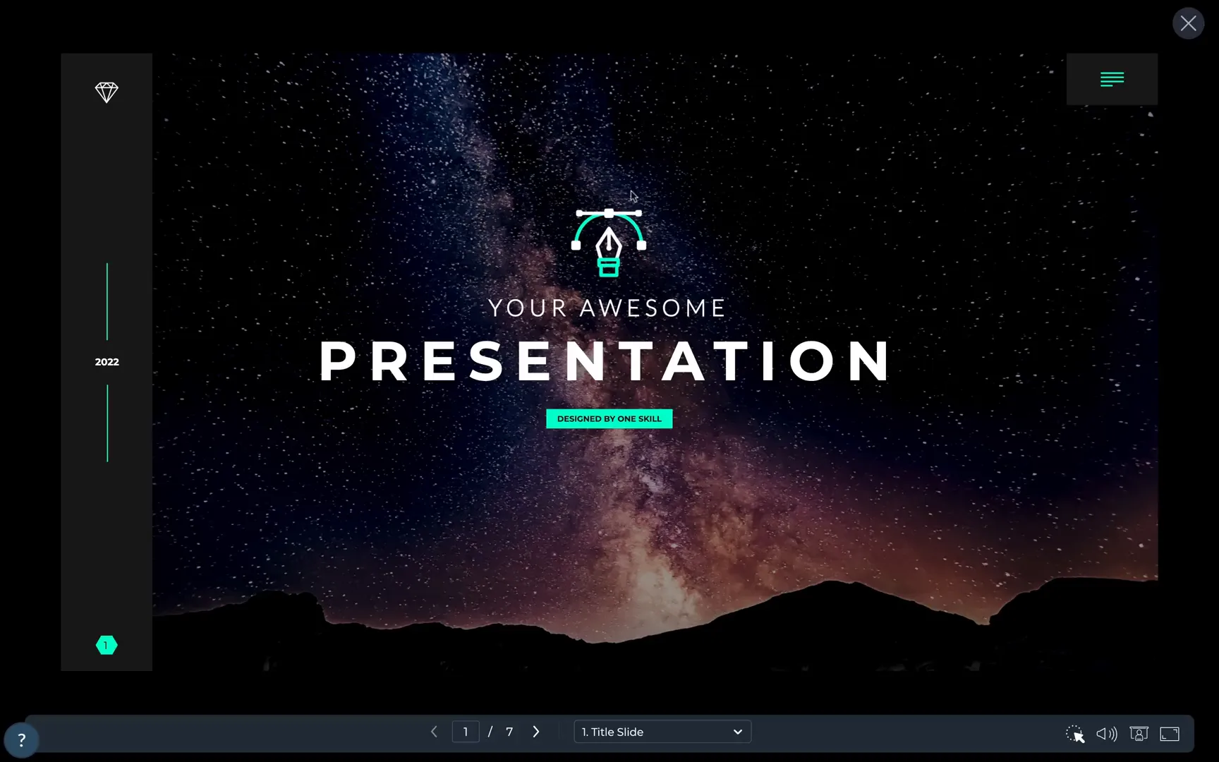 First slide with animated icon, photo background, and drop down menu