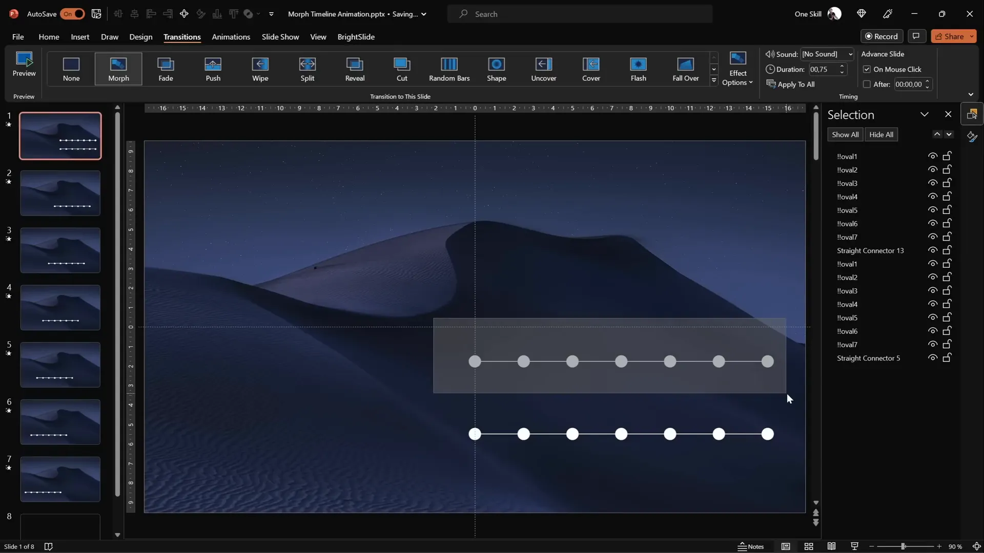 Timeline circles shifting left across multiple duplicated slides