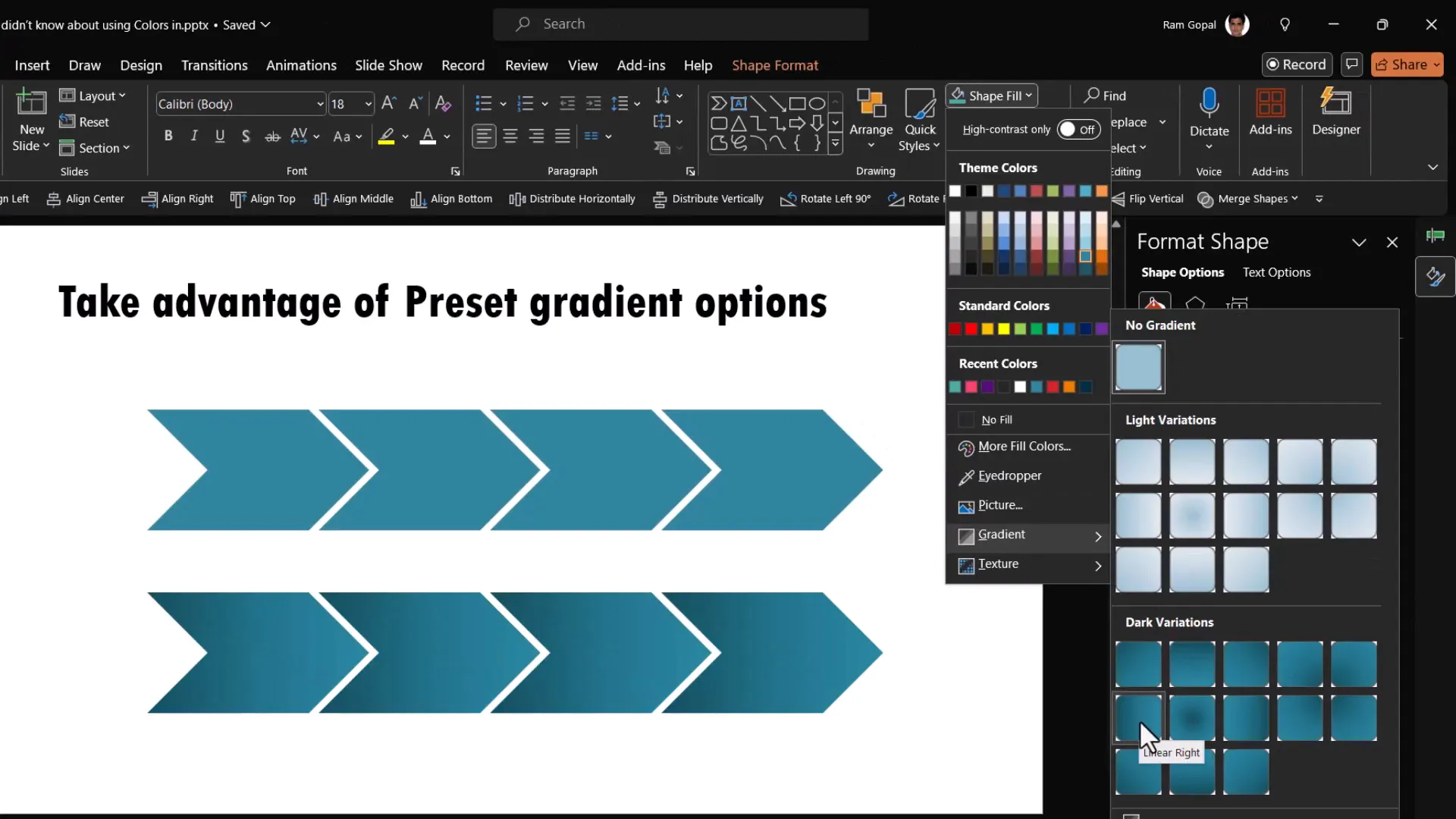 Applying preset gradients from Shape Fill menu