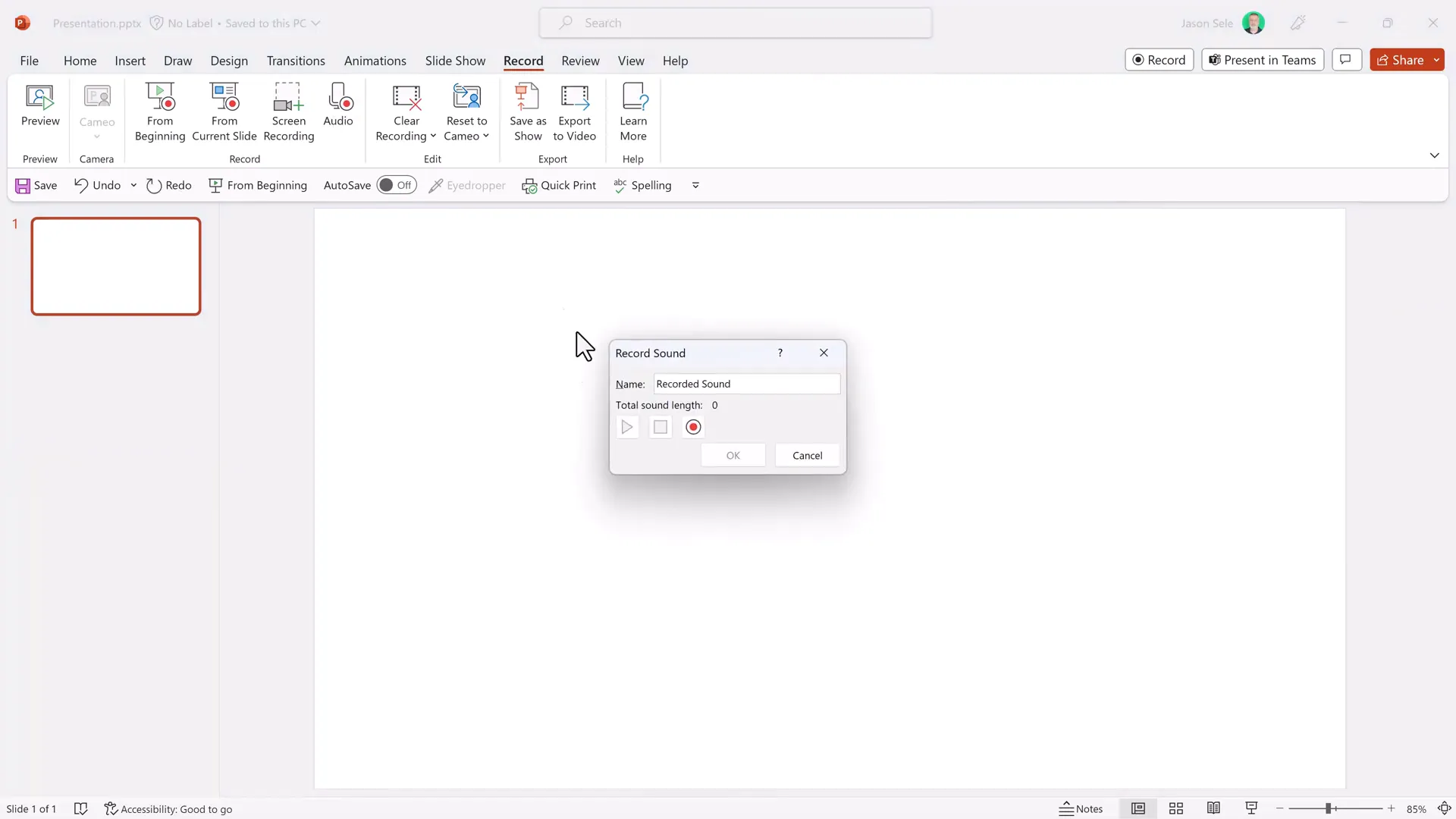 PowerPoint Record tab with Audio option selected for recording