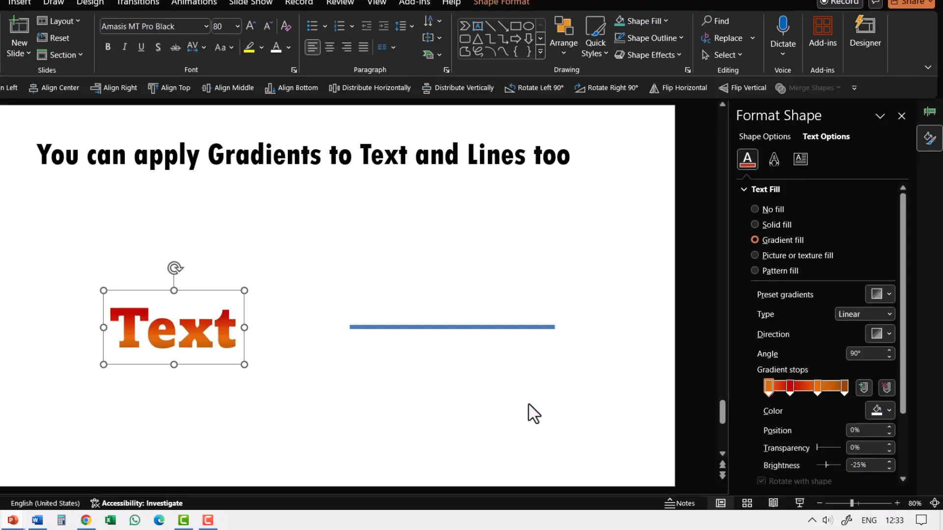 Applying gradient fill to text via Format Shape pane