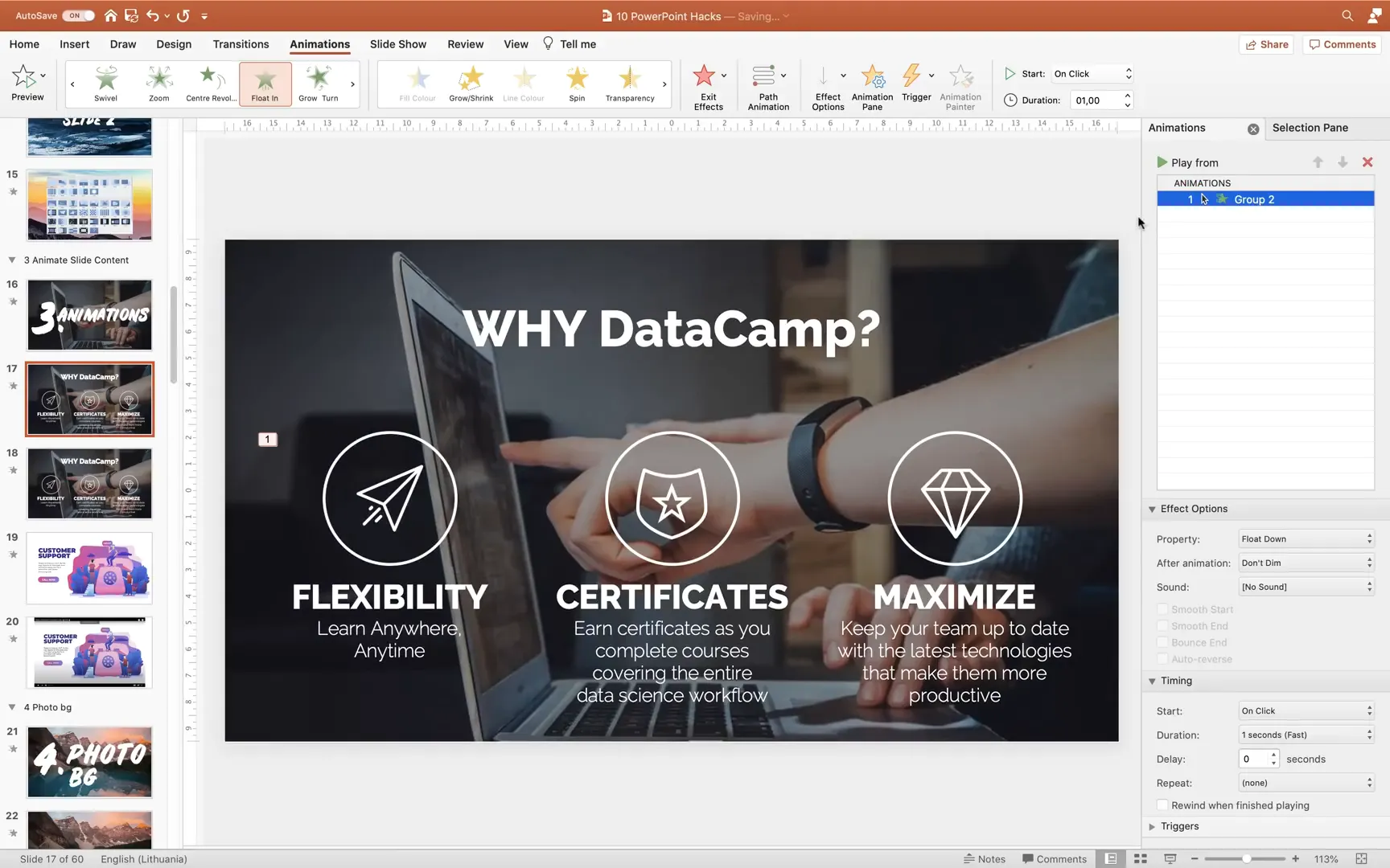Using float-in animation for grouped elements in PowerPoint