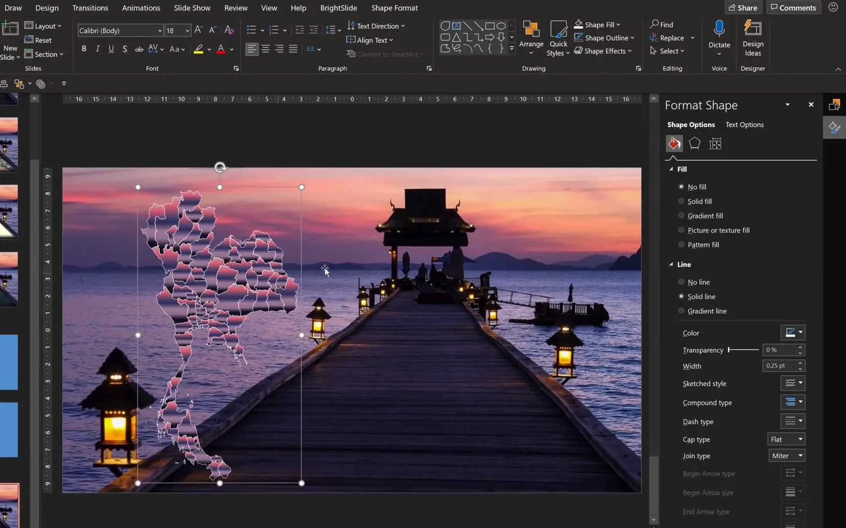 Thailand map with gradient fill and shadow applied on slide