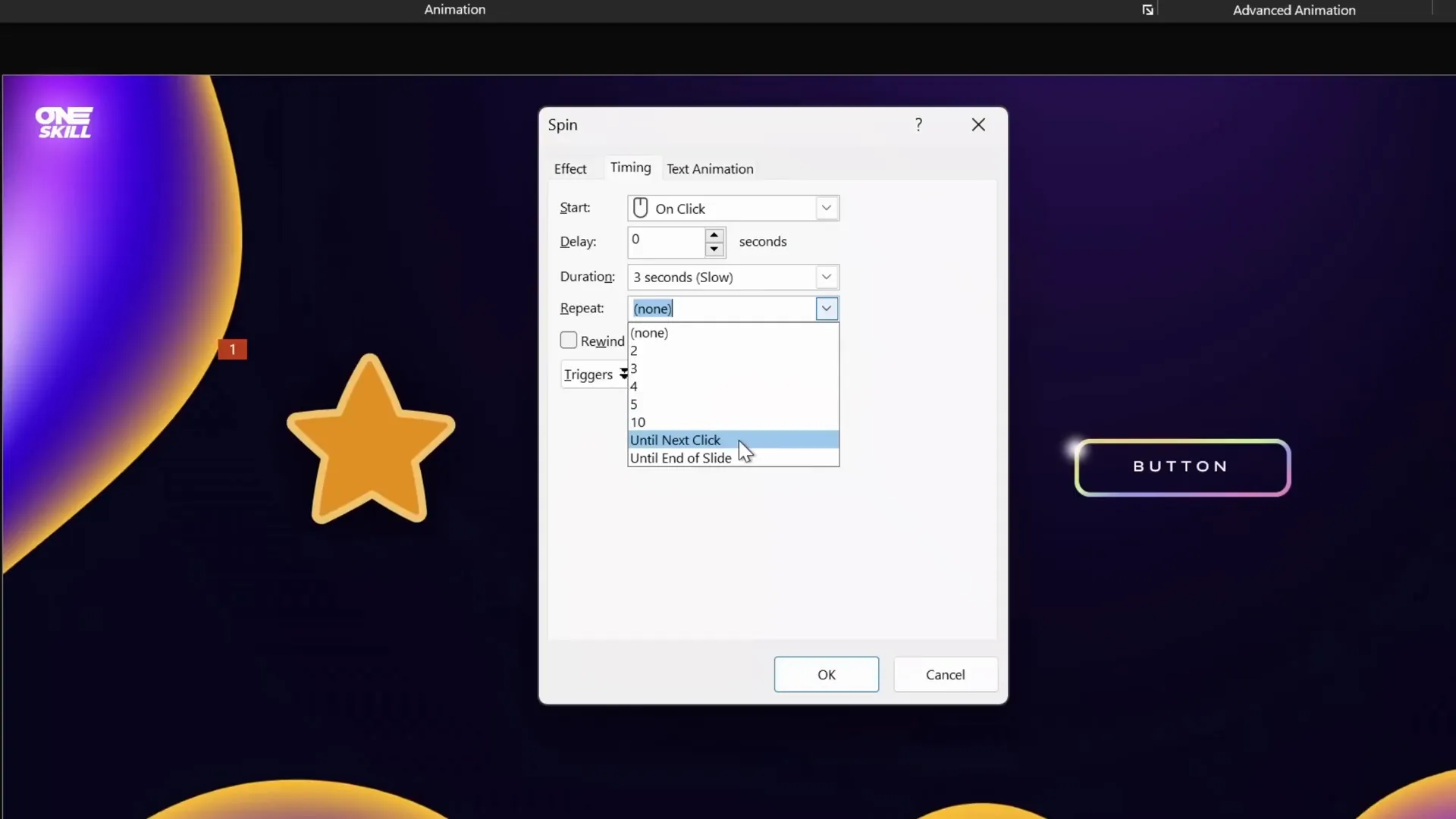Spin animation options with repeat until end of slide