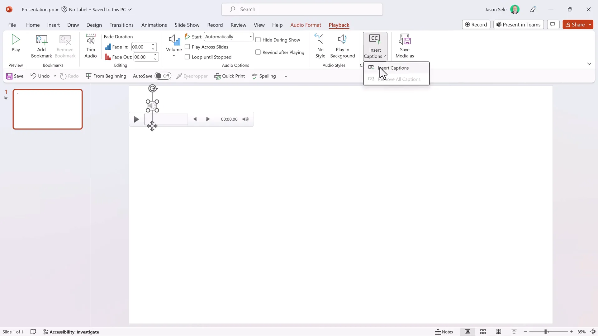 PowerPoint Playback tab with Insert Captions button highlighted