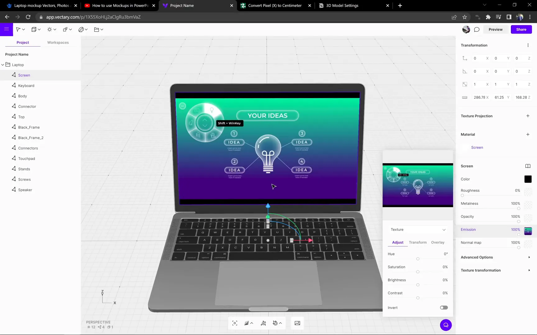 Custom screen image uploaded and applied to 3D laptop in Vectoree