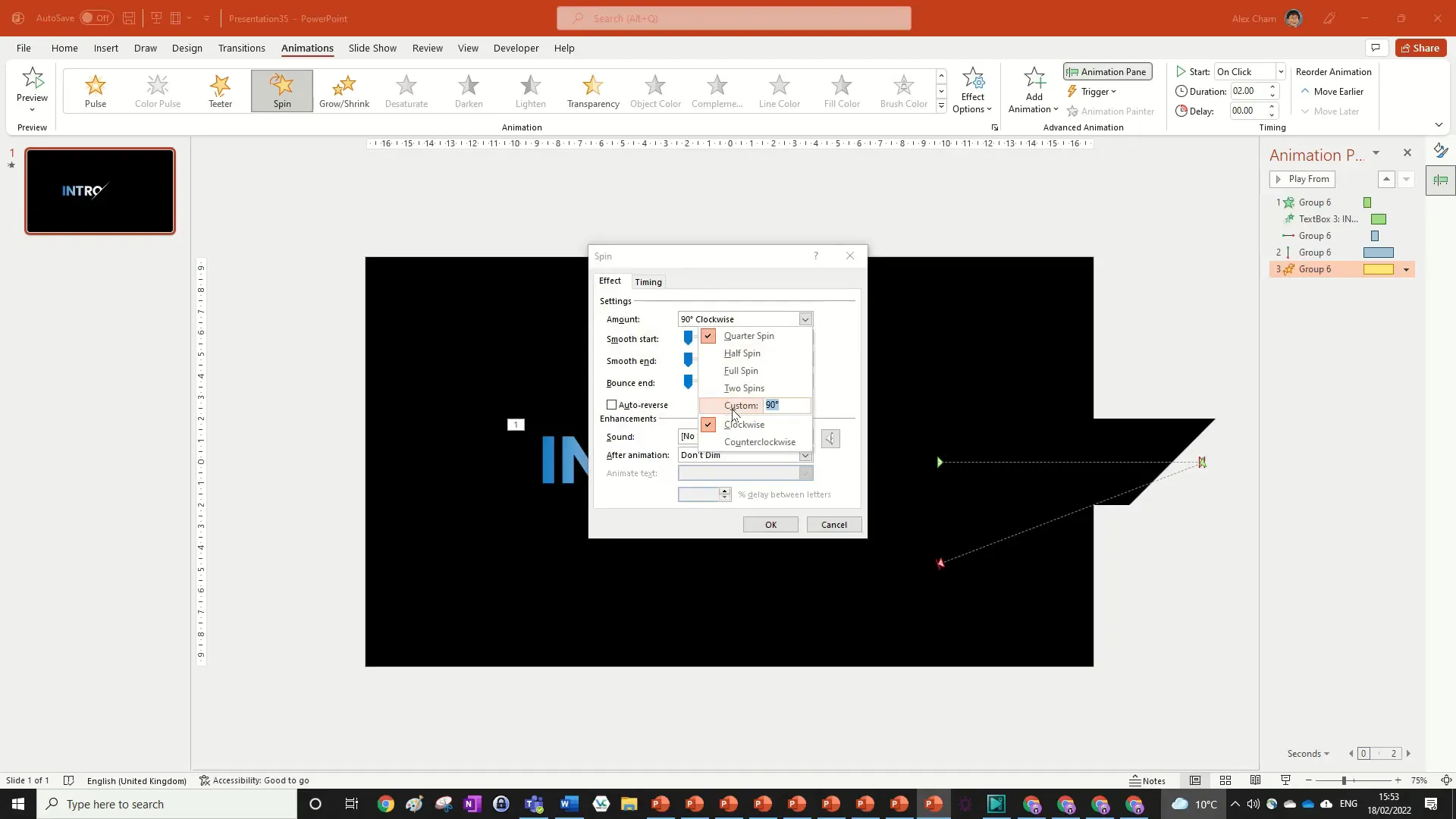 Spin animation effect options set to 45 degrees rotation