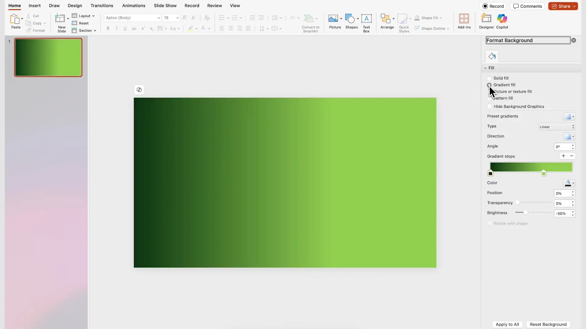 Applying gradient background fill for slide
