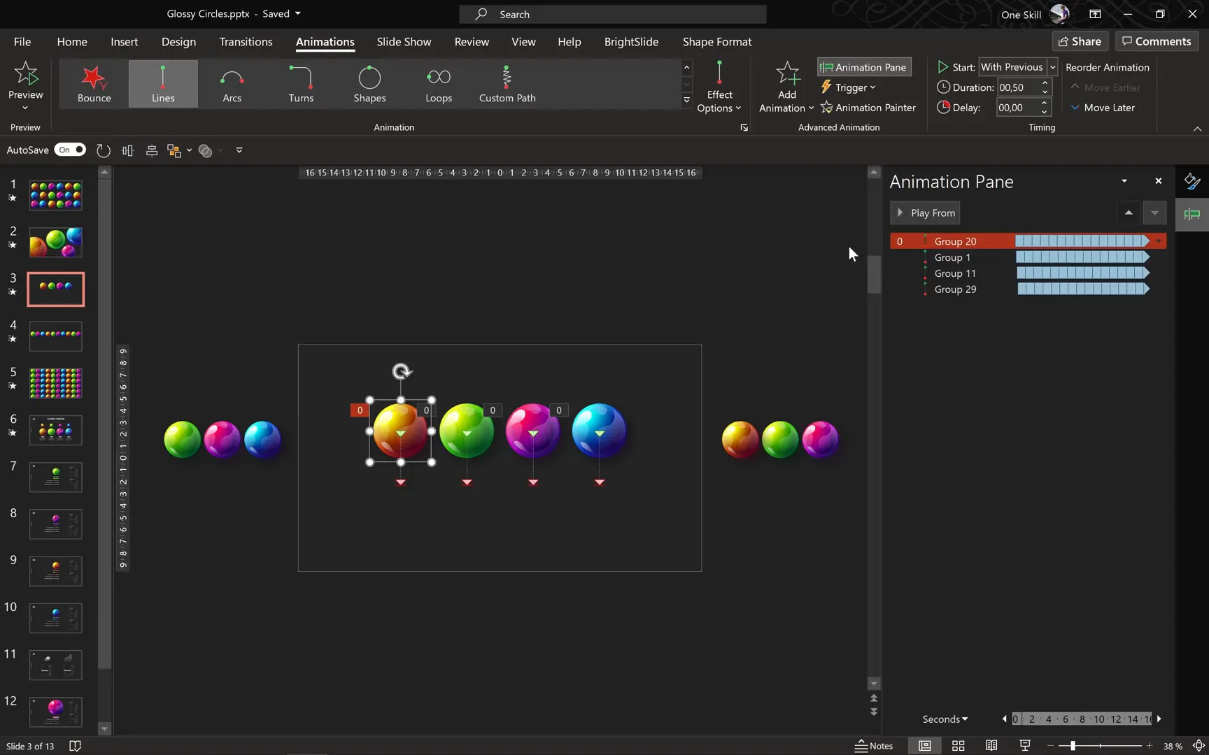 Applying motion path animations to glossy circles