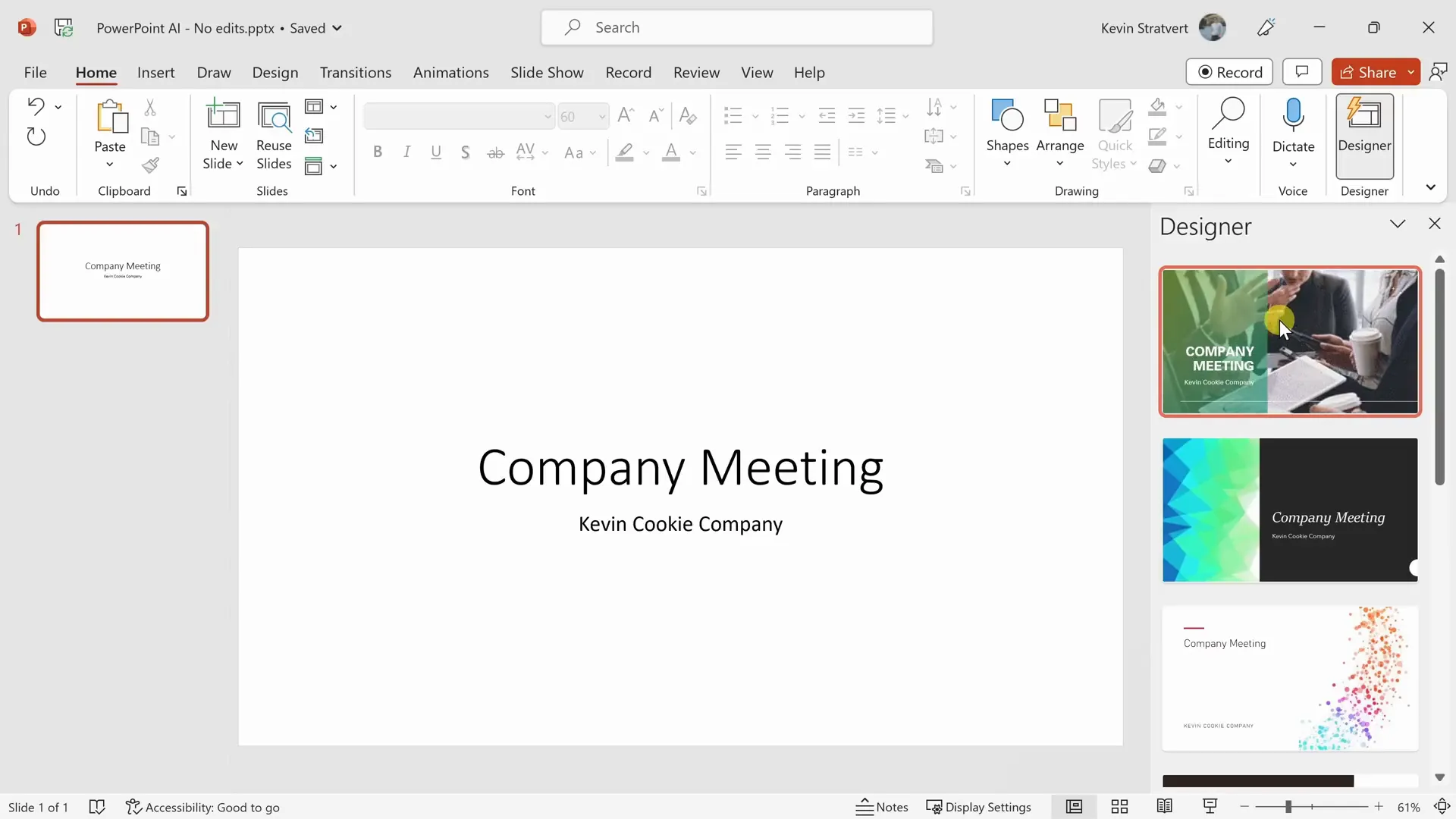 Designer pane showing multiple slide design suggestions