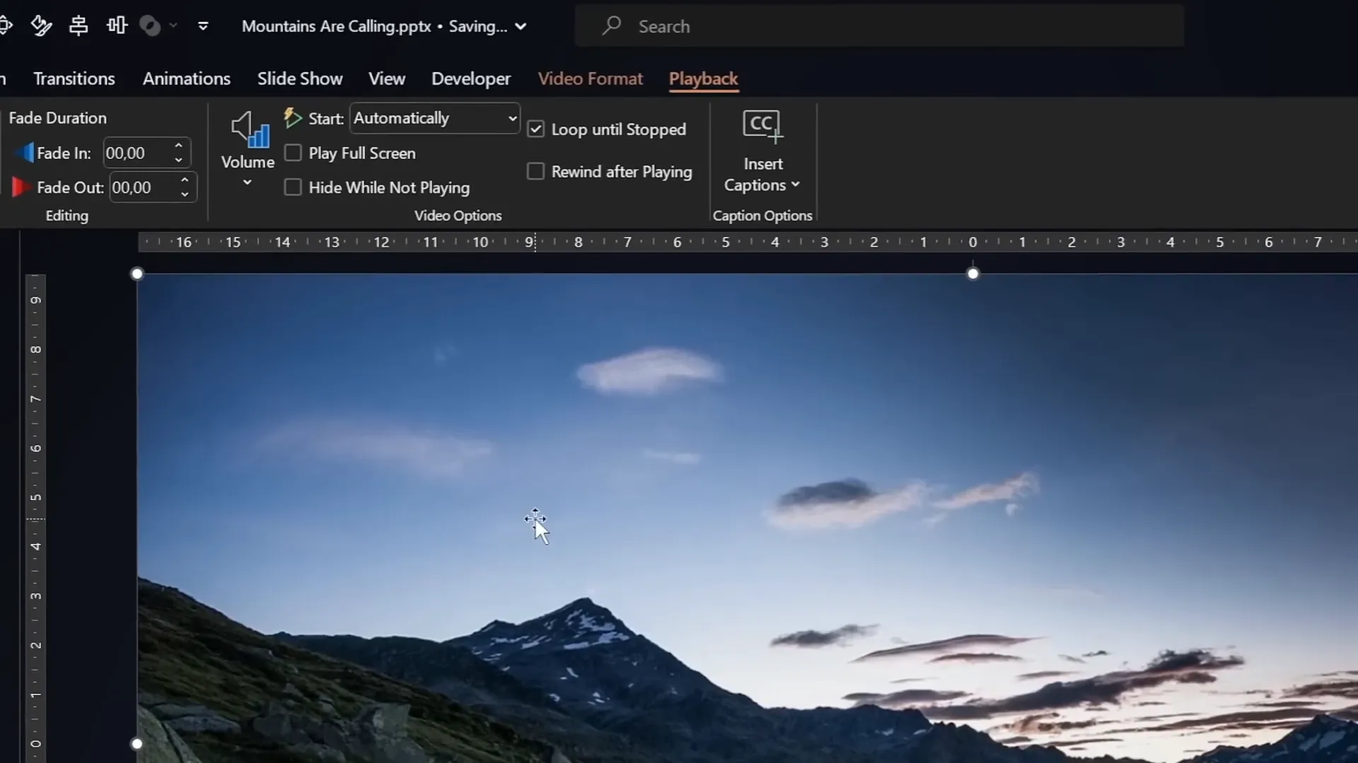 Video playback settings in PowerPoint set to start automatically and loop