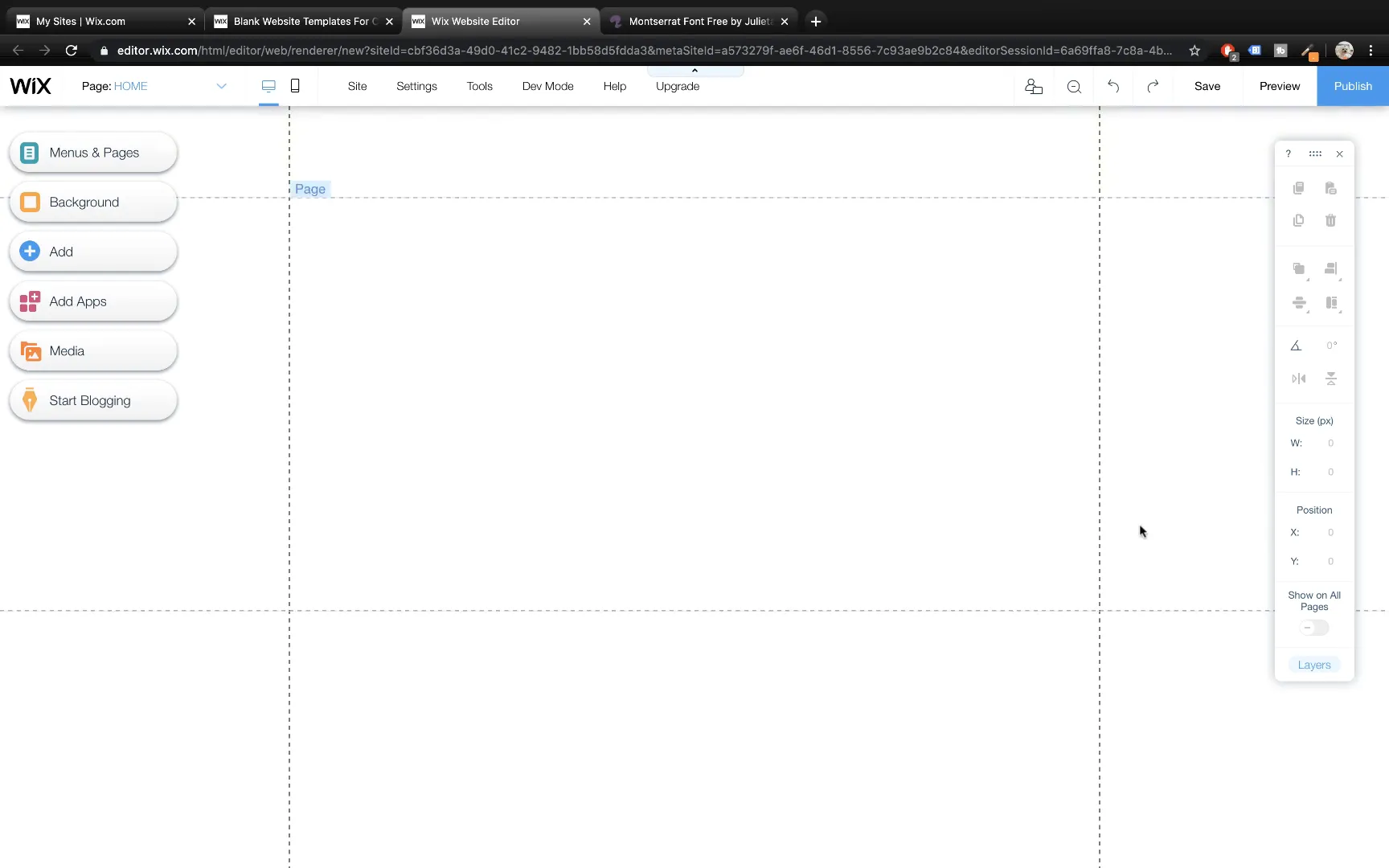 Wix editor interface showing header, footer, and page sections