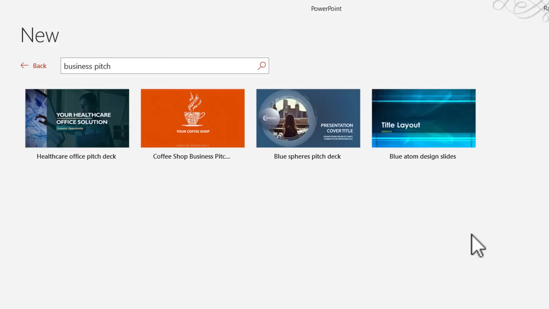 PowerPoint template selection dialog box for business pitch presentations