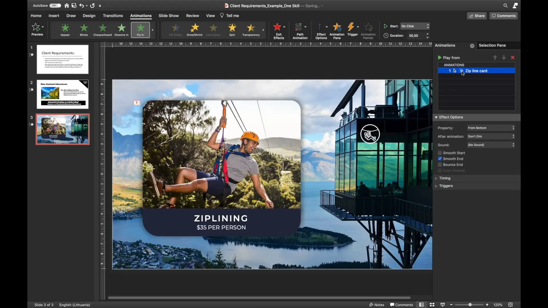 Applying fly in animation to info card