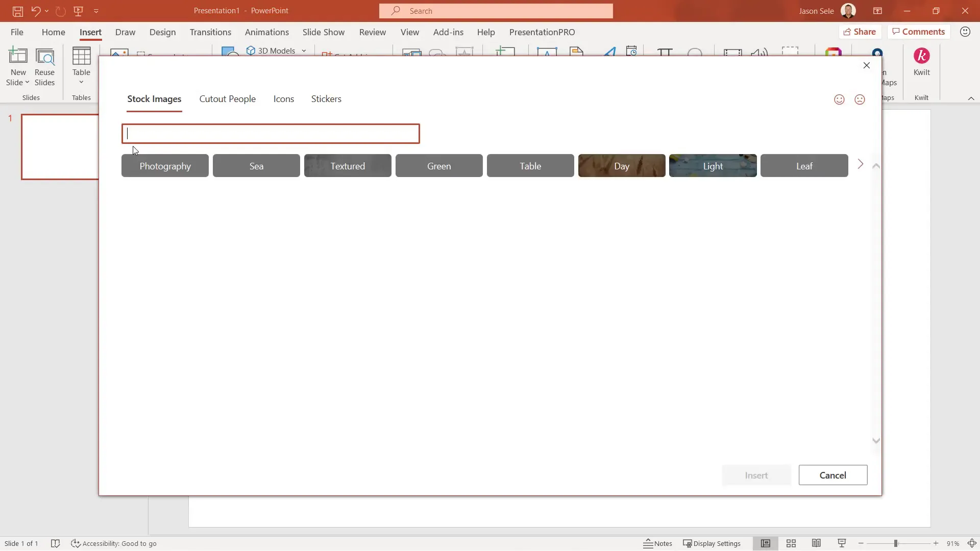 PowerPoint Insert Stock Images menu with categories