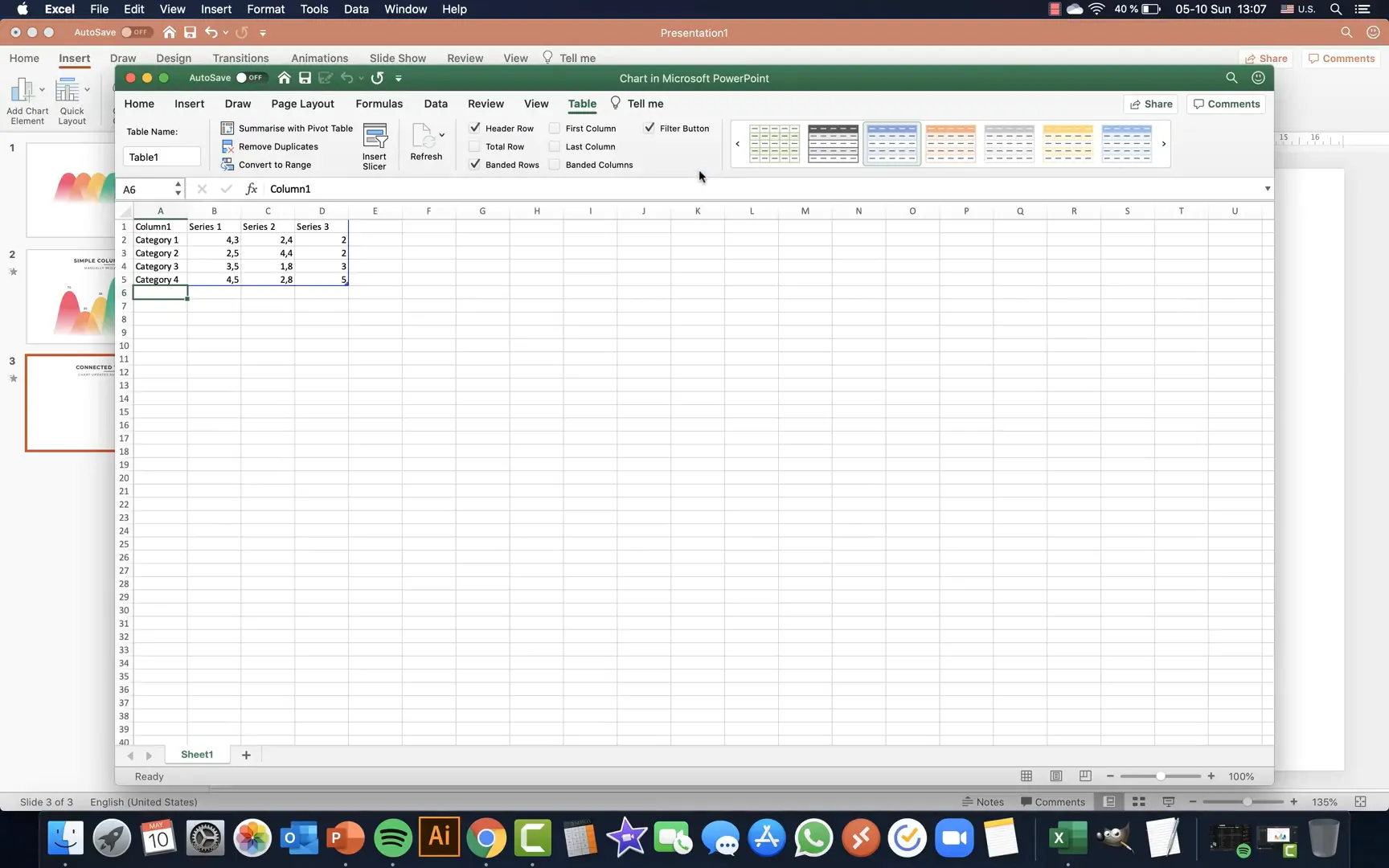 Inserting and editing Excel data for PowerPoint chart