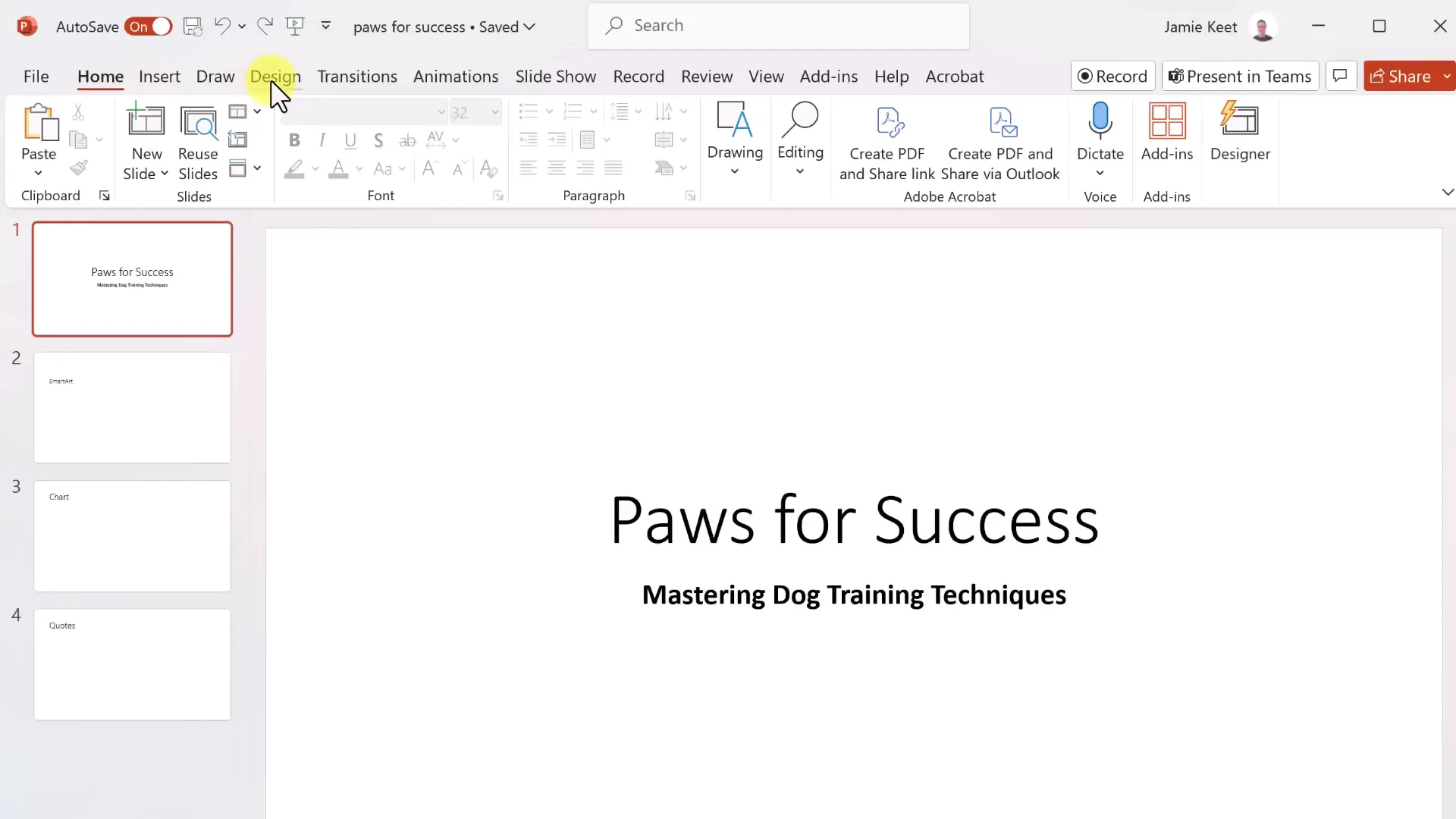PowerPoint Design tab with themes and format background options